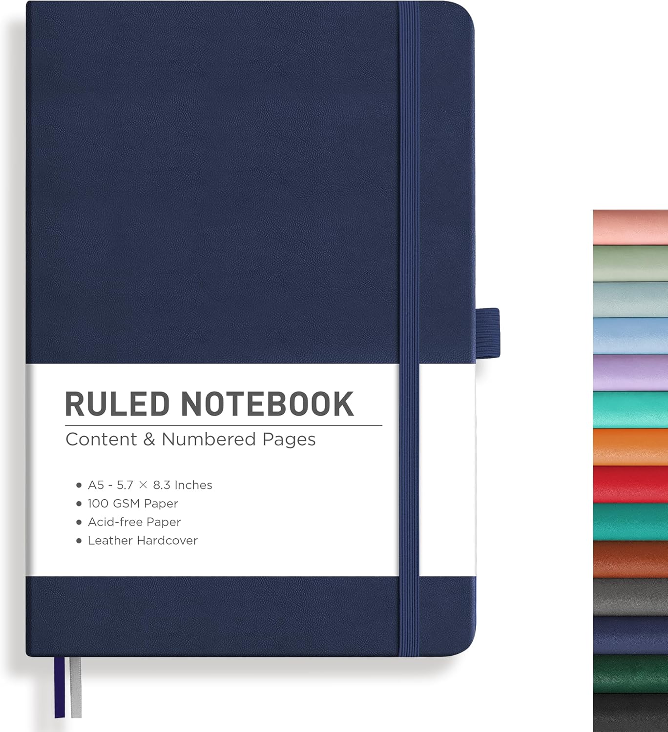 RETTACY Notebook Journal - A5 College Ruled Notebook with 192 Numbered Pages, Notebook for Work, School, Writing, 100 GSM Acid-Free Paper, Leather Hardcover, Inner Pocket, 5.7 × 8.3 (Navy Blue)