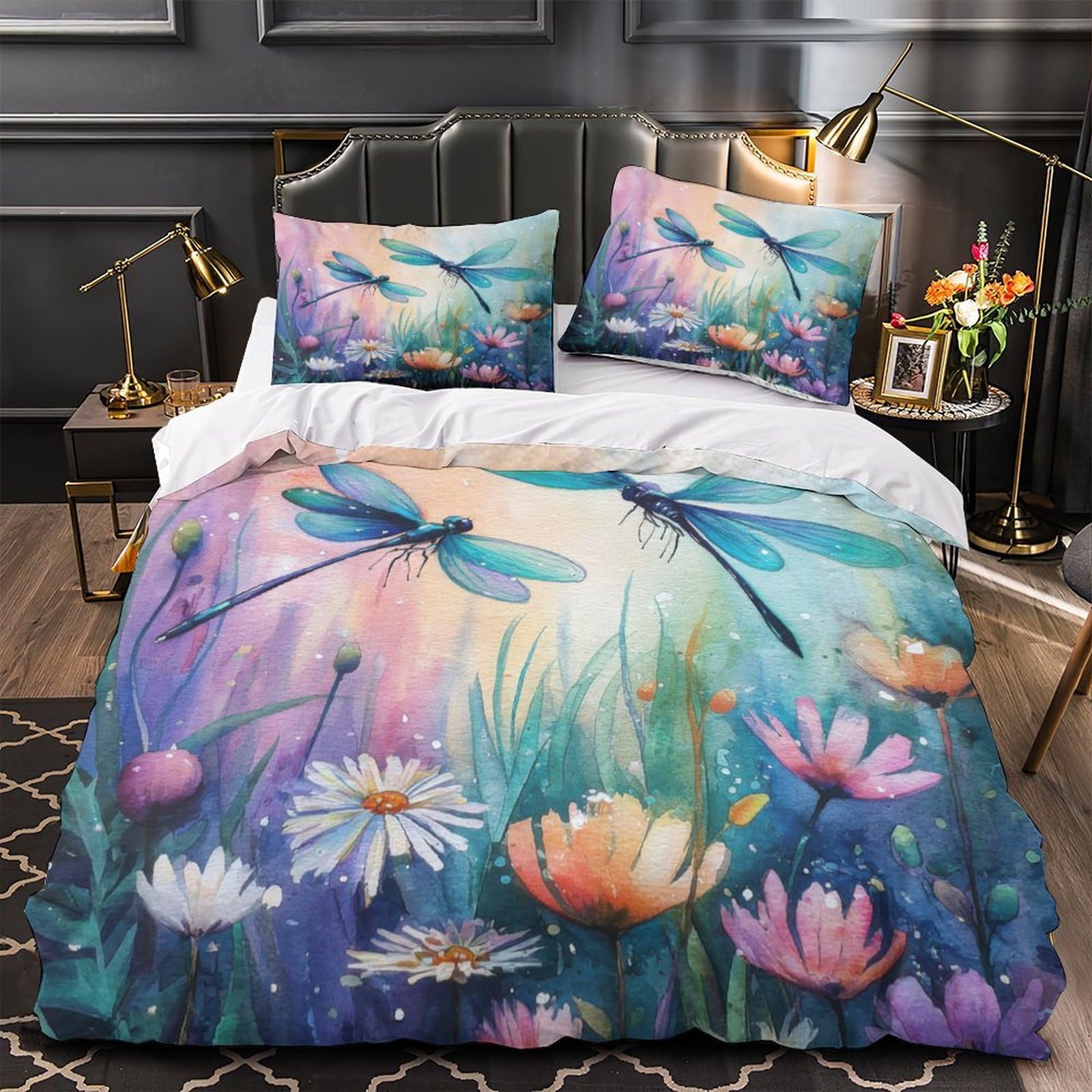 Dragonfly Art Comforter Cover 3D Print Wrinkle-Resistant 3PCs Bed Linen Hidden Zipper Watercolor Fantasy Quilt Cover Extra Soft Washable for Teens Youth Adults Women Kids Boys King（220x240cm）