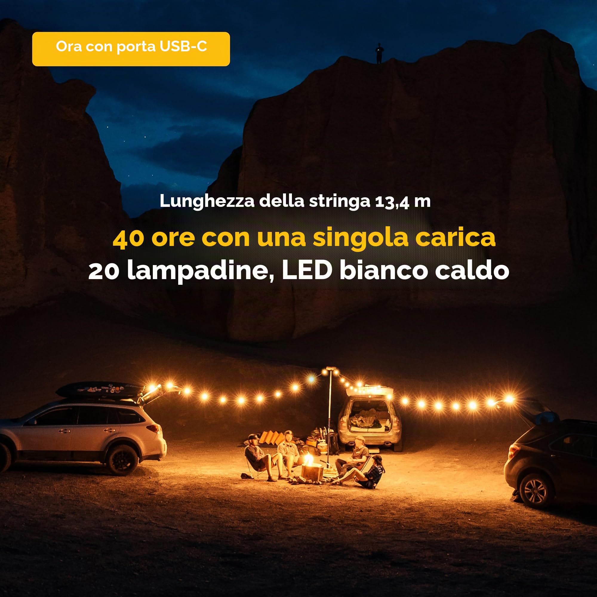 MPOWERD Luci Solar String Lights + Power Hub: Bianco 44 'Ricaricabile tramite Solare o USB-C, Cavo staccabile 13,4 m, LED 140 Lumen, Durata fino a 40 ore, Impermeabile, Campeggio, Piscina/Patio