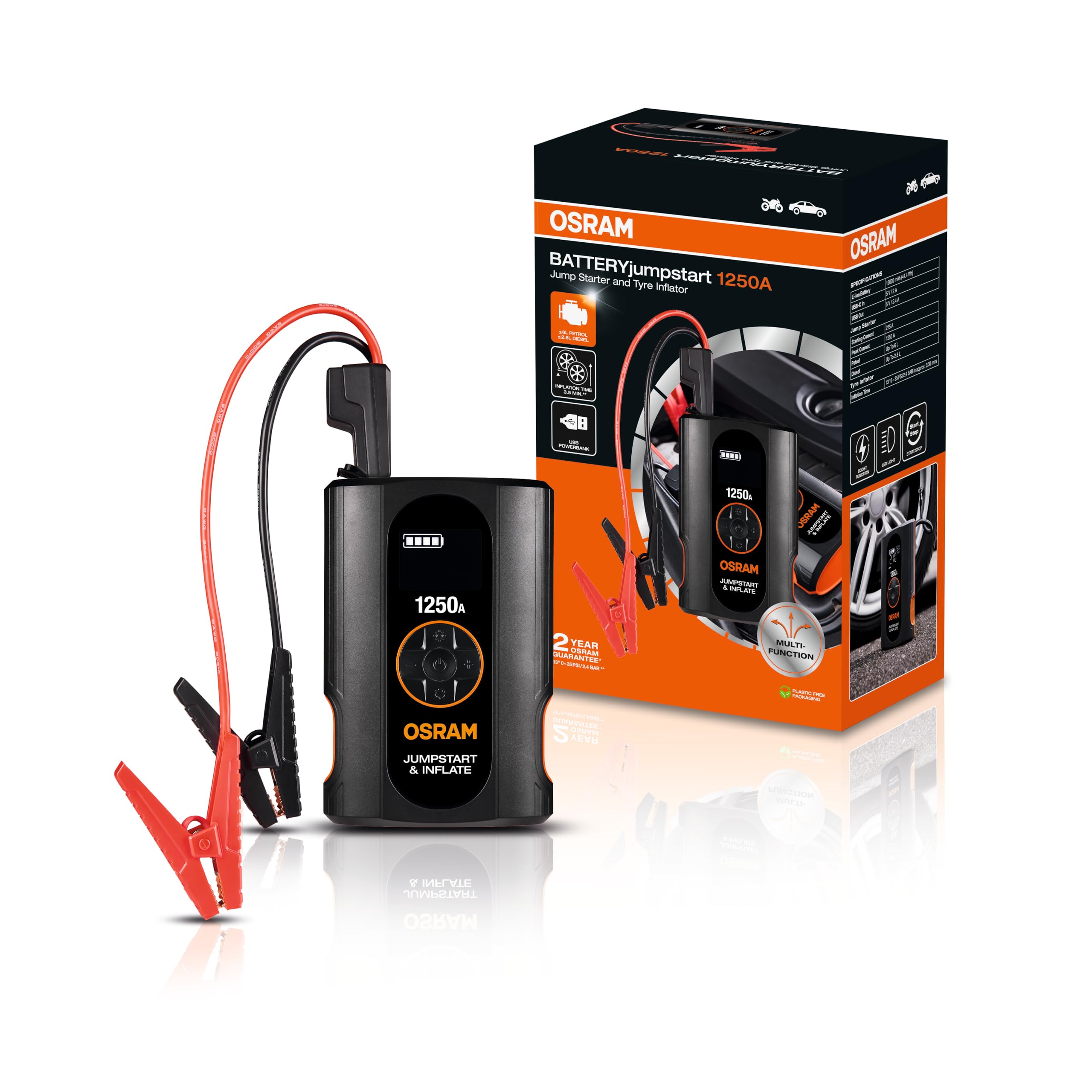 OSRAM BATTERYjumpstart 1250A, 12V, de litio, con función de batería externa y USB, arrancador de emergencia, para motores de gasolina de hasta 6L y motores diésel de hasta 2.8L.