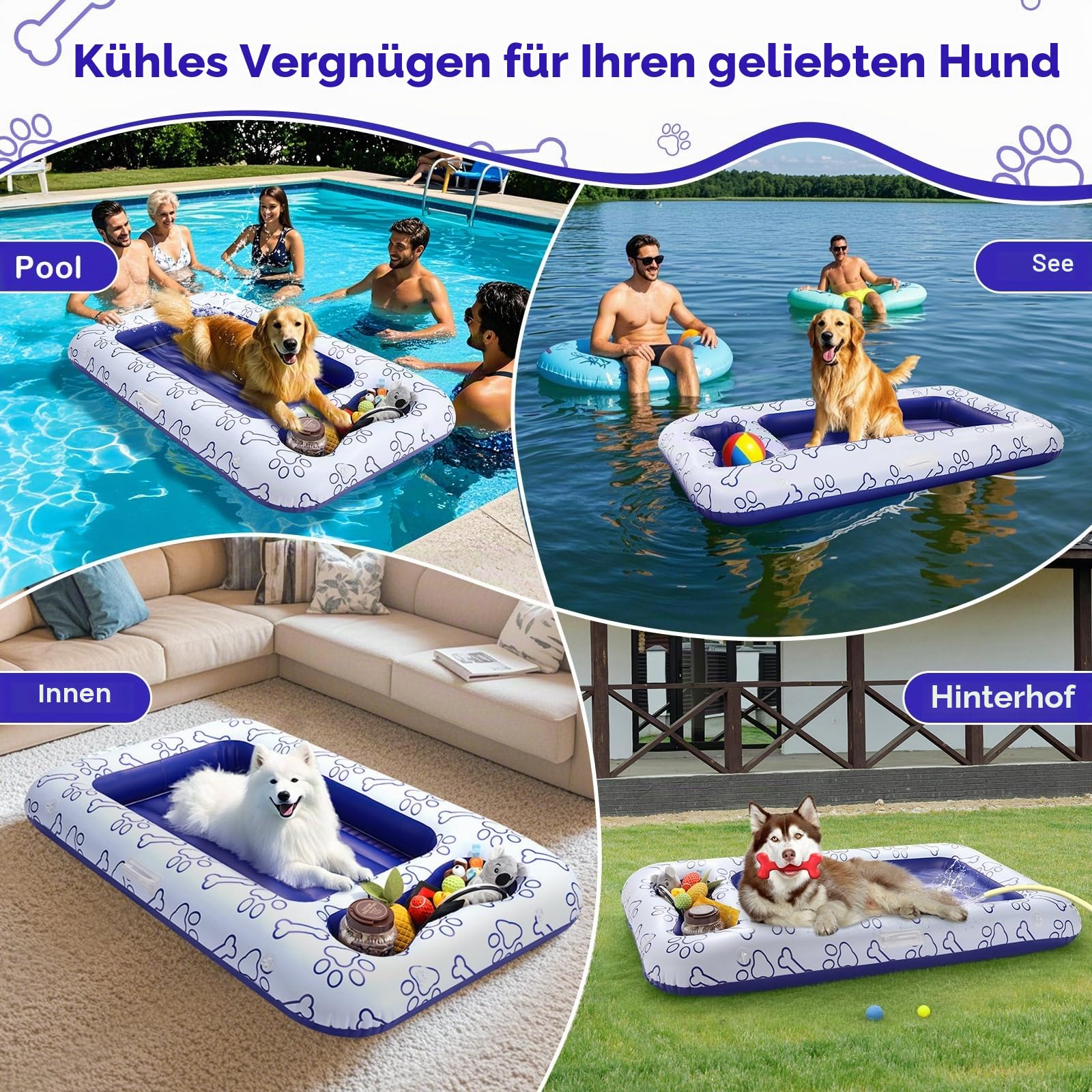 MoKo Pool Luftmatratze für Hunde, 150x90 cm für Hunde der Größen S/M/L, Schwimmmatratze mit Integriertem Staufach für Spielzeug und Futter, Aufblasbare Matratze, Blau Knochen Klaue
