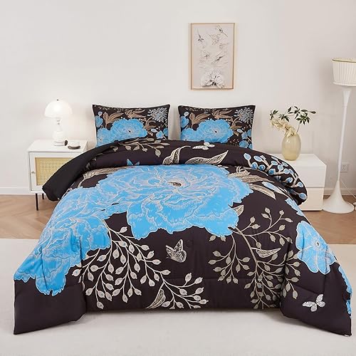 Miniatura 9 de PERFEMET Juego de edredón floral tamaño Queen, juego de ropa de cama botánico de 3 piezas, flores blancas y hojas doradas impresas en negro, juegos