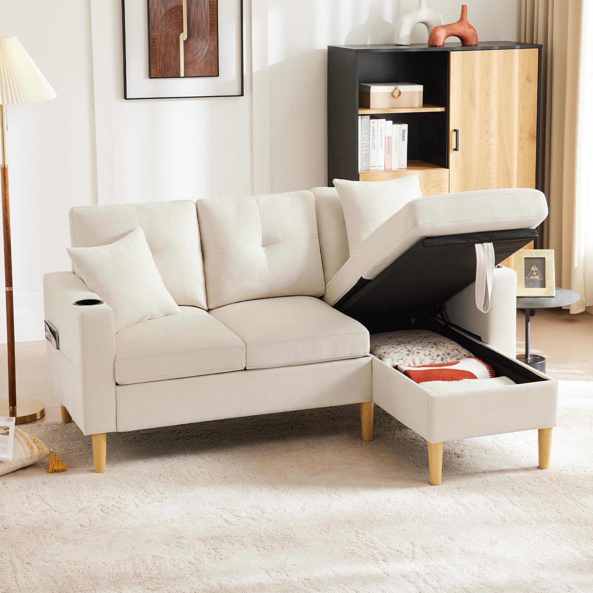 Idemon Sofá en forma de L de 3 plazas con chaise longue y espacio de almacenamiento, moderno sofá de salón con soporte para bebidas, 2 cojines y caja de asiento (175 cm, algodón y lino) (beige)