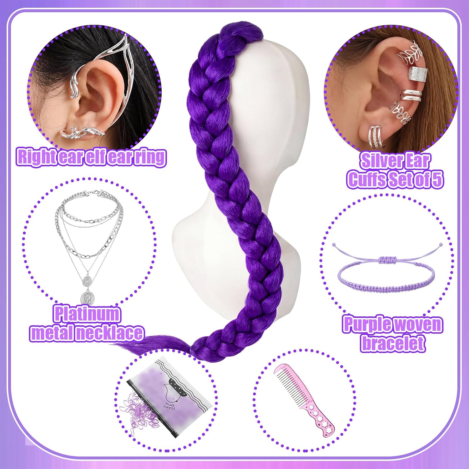 Tondiamo 9 Pcs Kpop Theme Long Purple Ponytail Braid Costume Wig Set High Temperature Heat Resistant Silk Fiber Natural Looking Anime Theme Costume Wig for Women Halloween Cosplay Kpop Party Supply