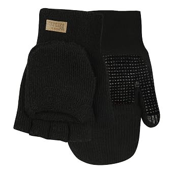 Kinco, 5110OW-OS Alyeska Lined Knit Shell Halff- Finger With Convertible Mitt Hood Ragg Wool Glove Mitts (Black, One Size)