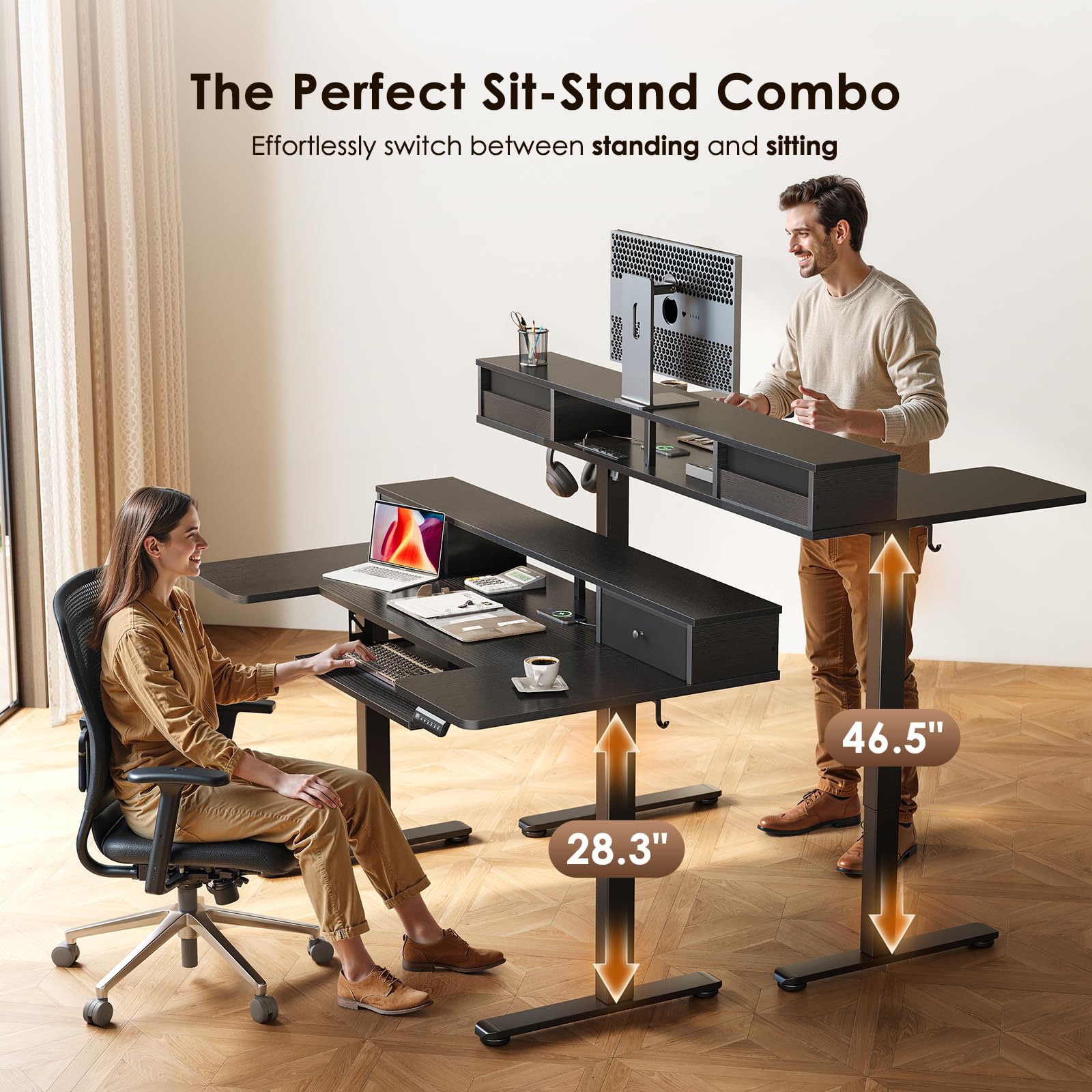 OffiGo U Shaped Electric Standing Desk with Drawers 55 Inch Height Adjustable Desk with Keyboard Tray Ergonomic Monitor — view 5