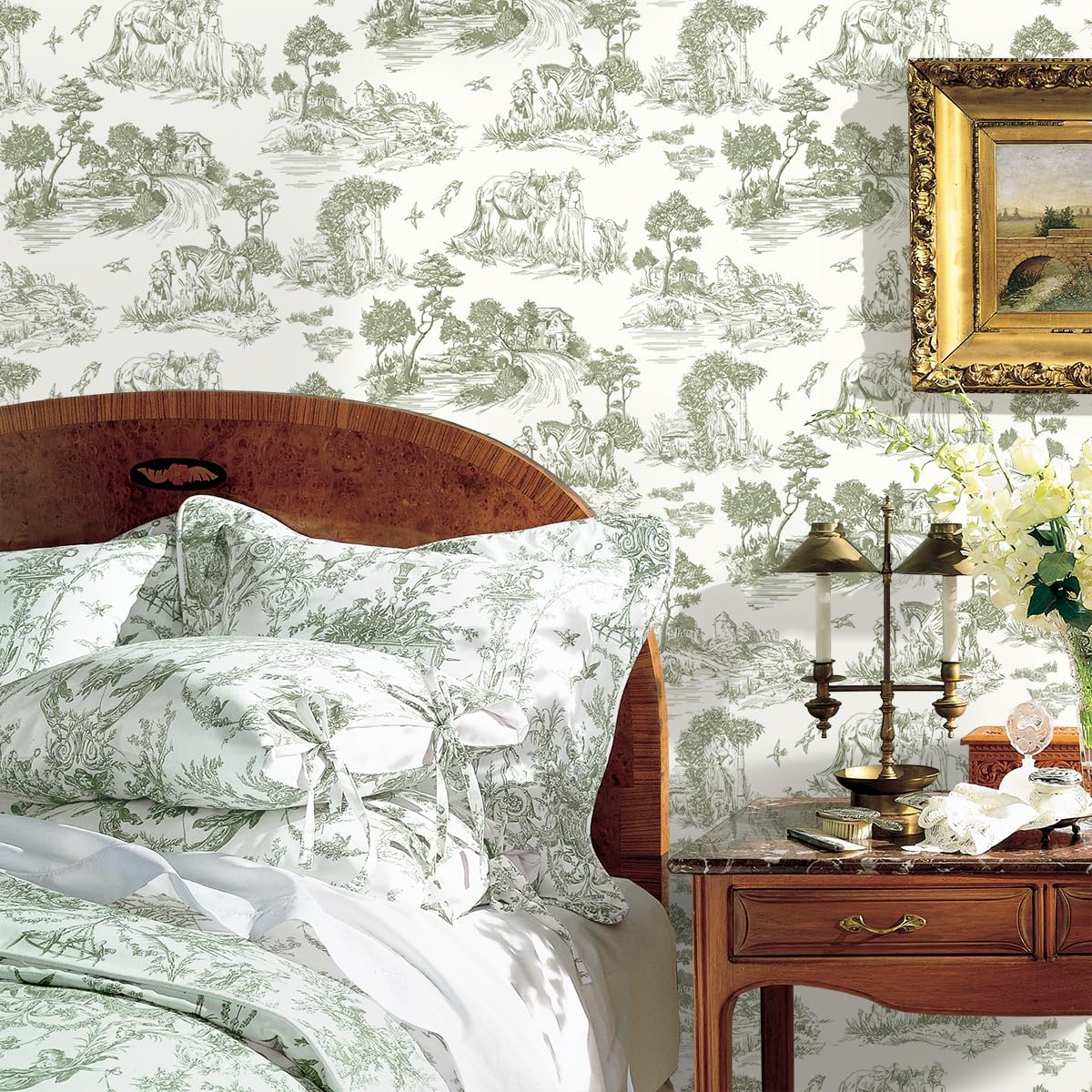 Green Toile Peel and Stick Wallpaper Vintage Contact Paper 16.9inch x 118.1inch French Country Contact Paper Toile Farmhouse Self-Adhesive Removable Wallpaper for Bedroom Decorative Vinyl