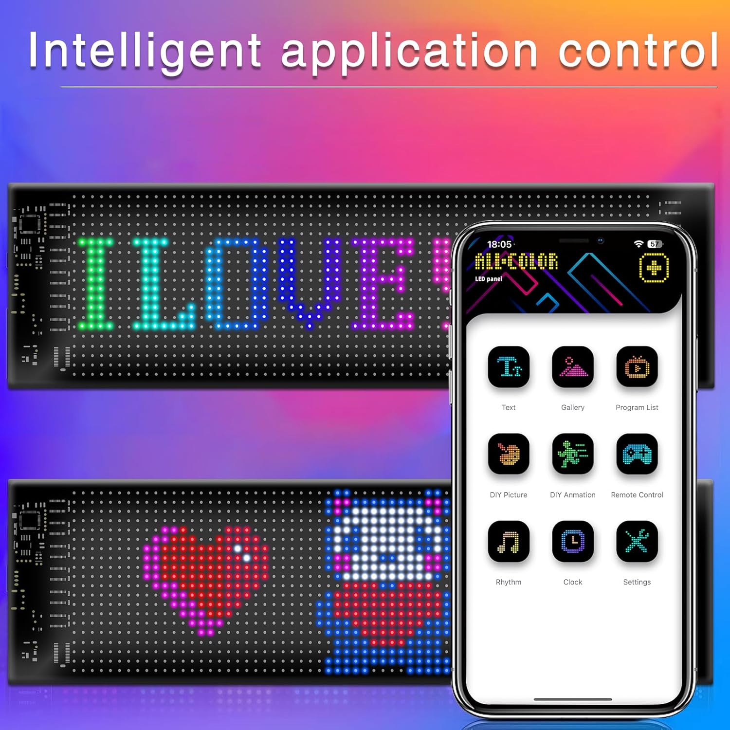 LED Pixel Display Board, App-Controlled Digital Sign with Remote, RGB Message Screen, Black (20*64 LED Matrix Panel)
