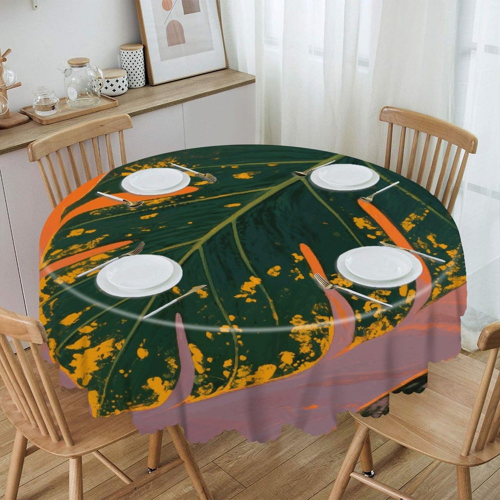 VstaDank Tropical Palm Leaves Round Tablecloth Wipeable Round Polyester Tablecloth Waterproof Wrinkle Free Indoor and Outdoor Table Cover 60 Inch Decorative Farmhouse Table Cloth for Dining