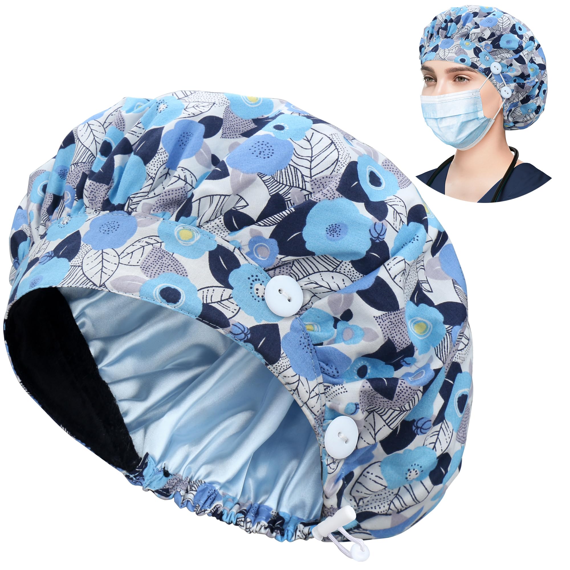 ABAMERICA Bouffant Caps with Button and Sweatband, Adjustable Scrub Caps for Women Men, One Size Multi Color