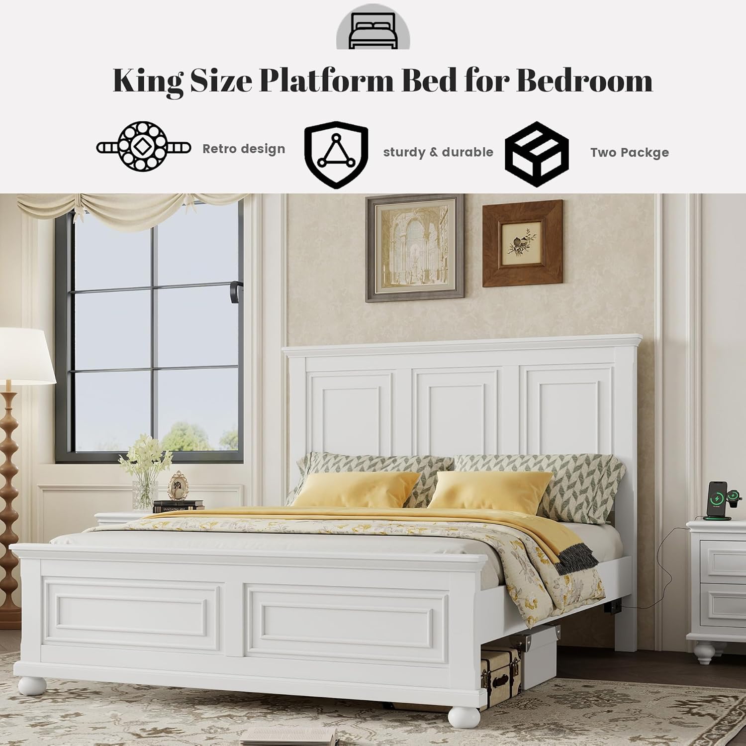 King Farmhouse Bed Frame, King Size Bed Frame Wood with Tall Headboard and Footboard, Pinewood Platform Beds with Built-in Charging Station, Noise-Free, No Box Spring Needed, White