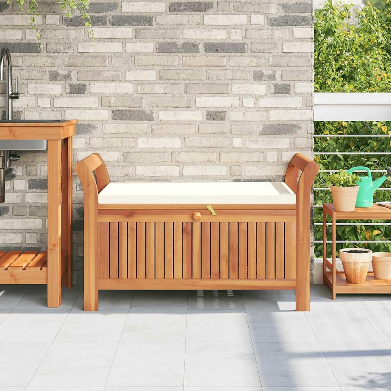 Gecheer Garden Storage Bench, Acacia Wood Seat with Cushion 91cm Outdoor Patio Furniture for Backyard Deck