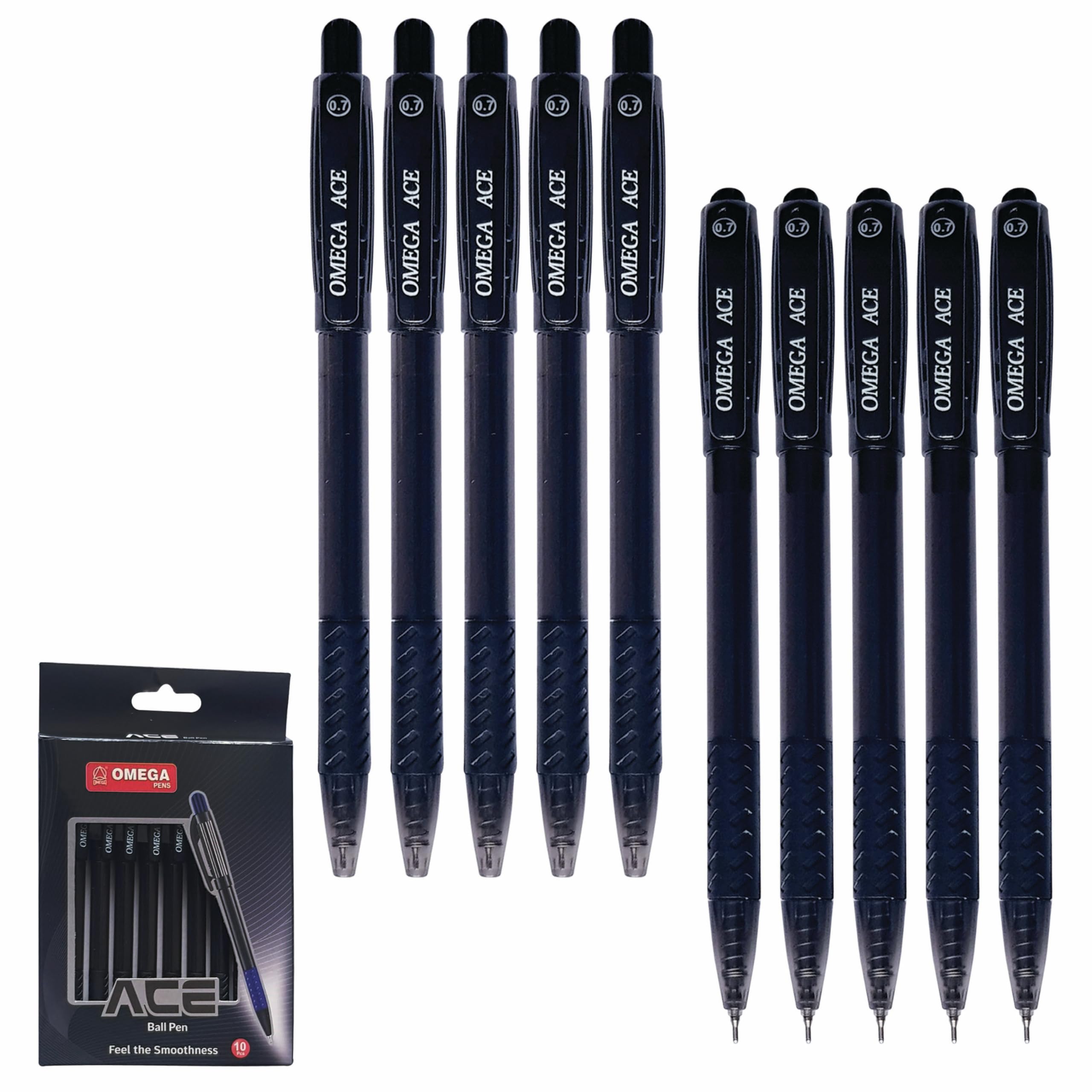 OMEGAAce Retractable Ballpoint Pens, BLACK, Fine Point (0.7 mm), Pack of 50, Smooth Ball Pens, Click Mechanism, School Office Home Everyday Use