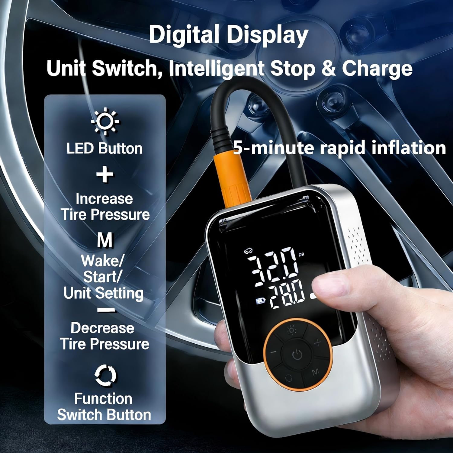 Digital display and control buttons of the tire inflator, showing LED button, increase/decrease tire pressure, mode/wake button, and function switch button.