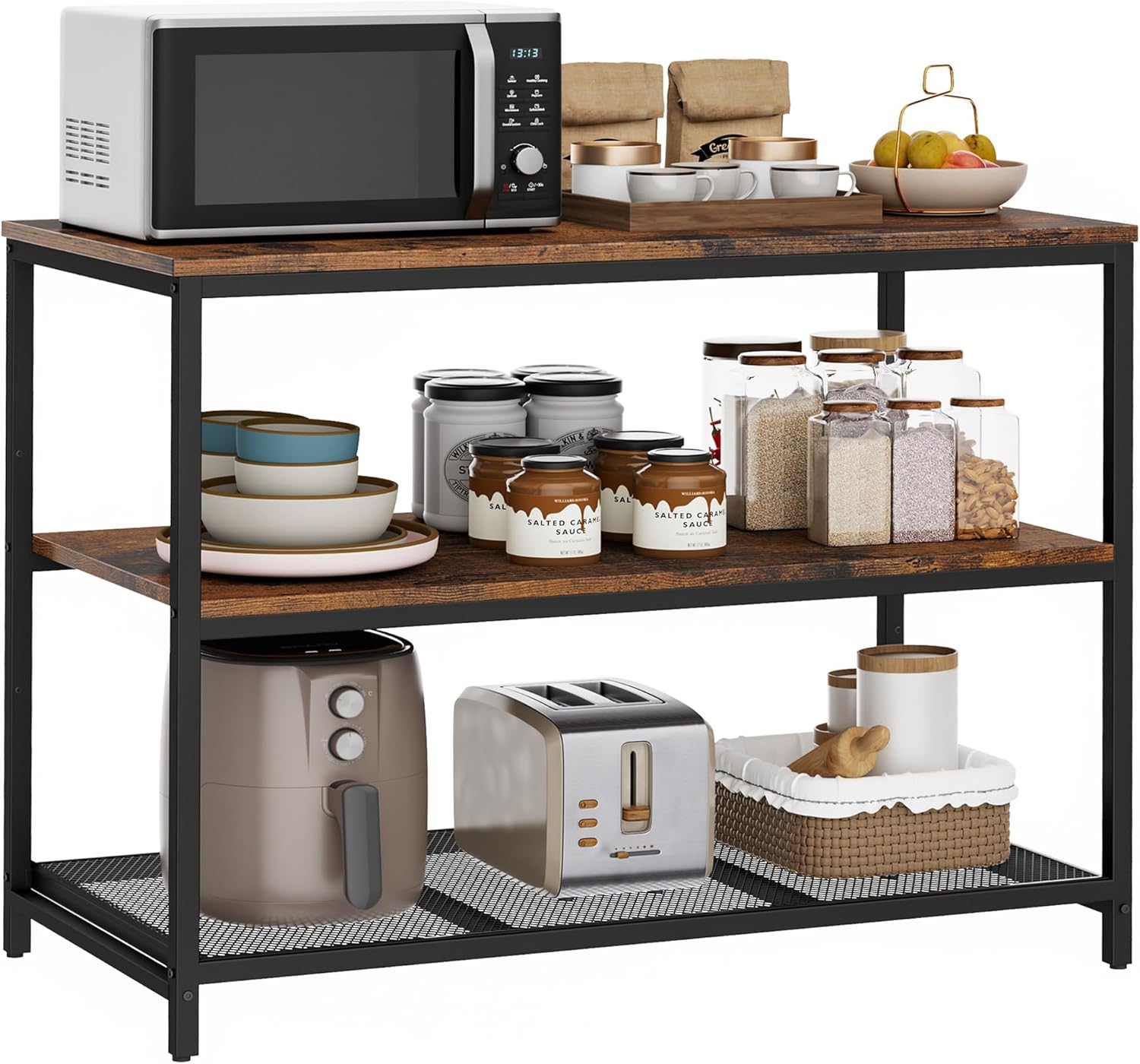 39.4" L Kitchen Island with 3 Shelves, Kitchen Shelf with Large Workstation, Bakers Rack, Workbench, Metal Frame, Rustic Brown and Black Rustic Brown and Black 39.4"L X 19.7"W X 31.5"H