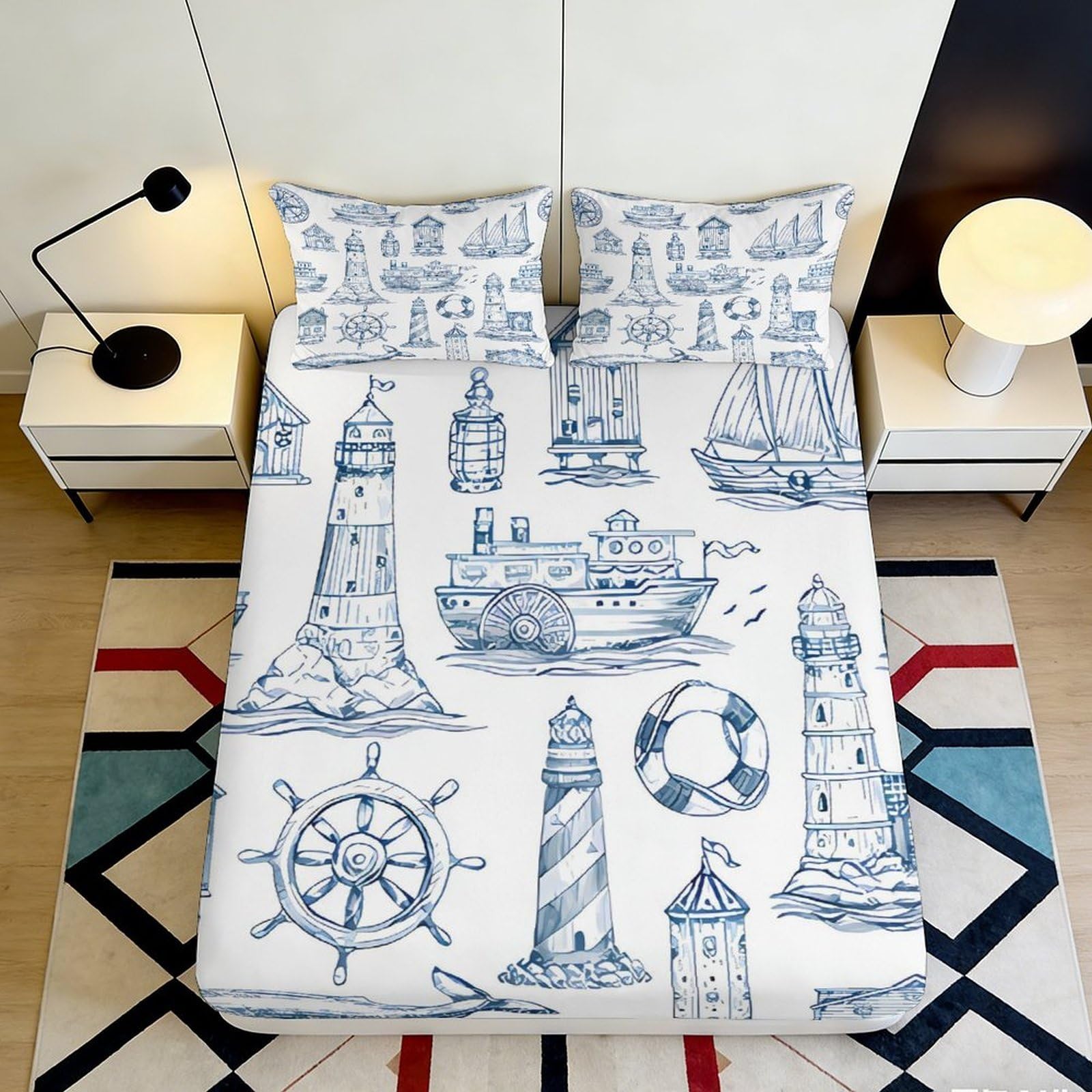 3D Printed Nautical Lighthouse Fitted Sheet Microfiber Soft Breathable Marine Sailboat Mattress Cover for Bedroom Guest Room Decor 180x200x25cm