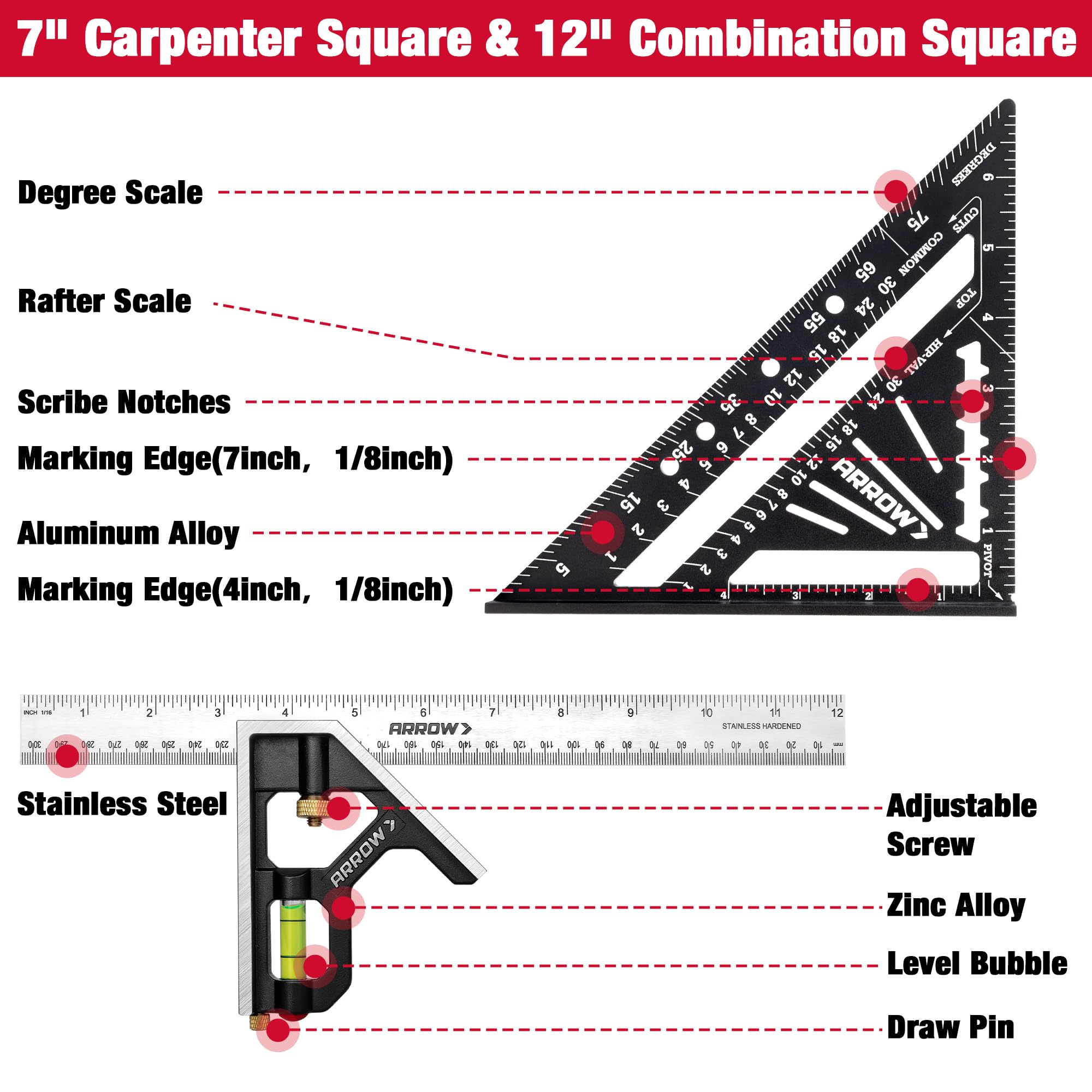 Arrow Carpenter & Combination Square Set - Precision Tools -3 Arrow Carpenter & Combination Square Set - Precision Tools -3