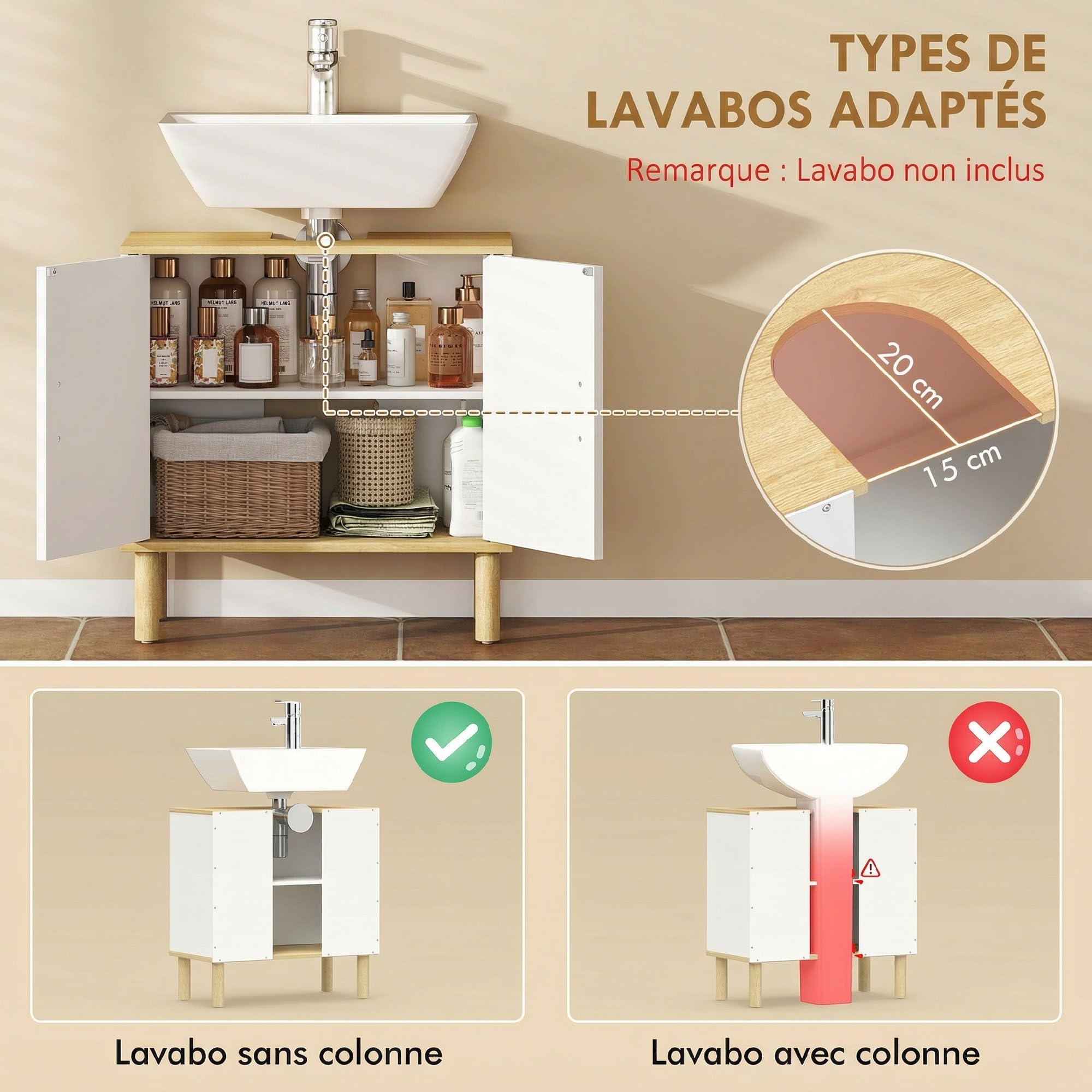 HOMCOM Meuble sous lavabo, Meuble de Salle de Bain avec 2 Portes et étagère réglable, Armoire de Salle de Bains sous lavabo, Style Moderne, 60 x 30 x 61 cm, Blanc