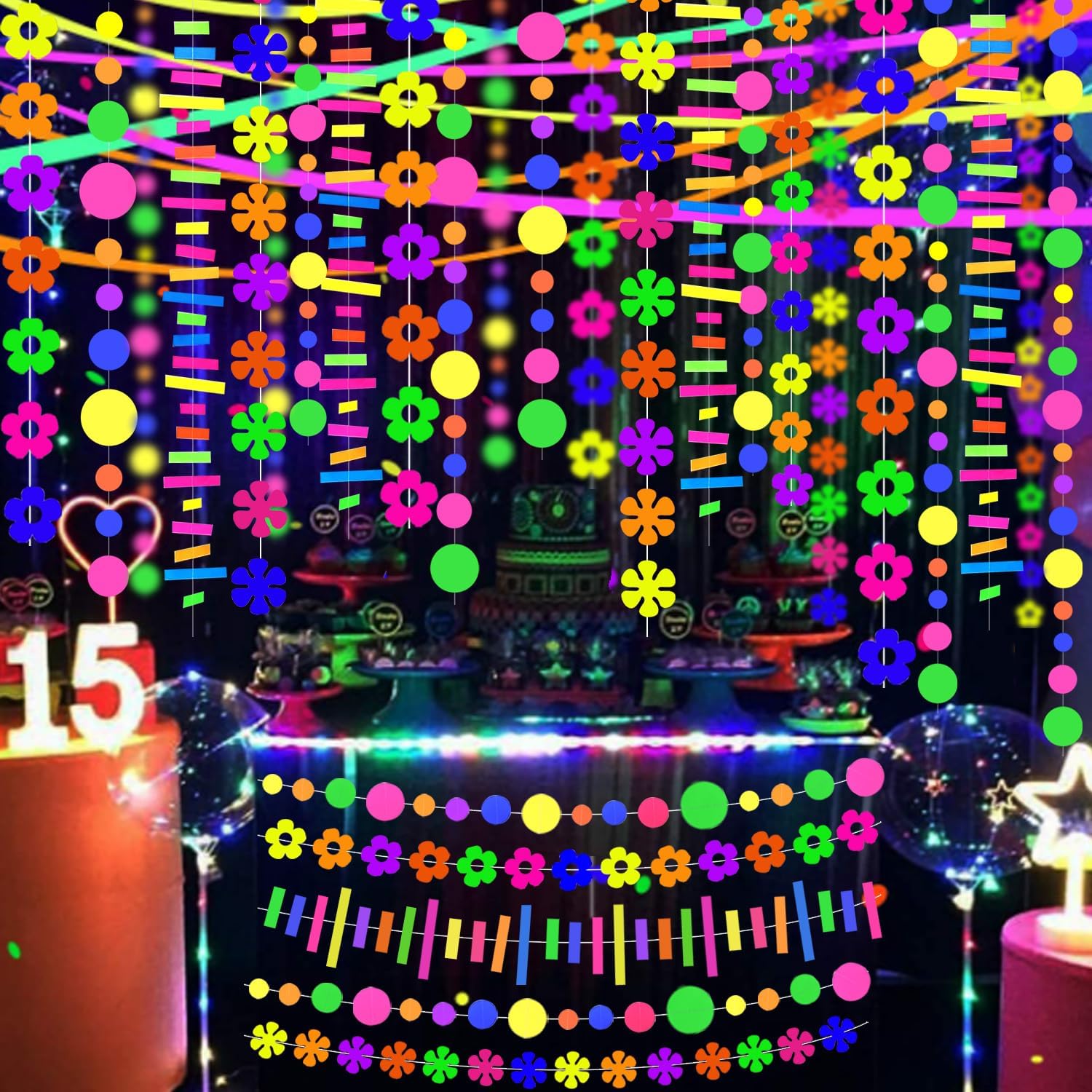 120 feet Neon Garland Neon Streamers Hollow Flowers Black Light Neon Decorations for Dark Glow Party UV Reactive Neon Party Favors Glow in The Dark Party Supplies Decoration for Party Birthday Banners