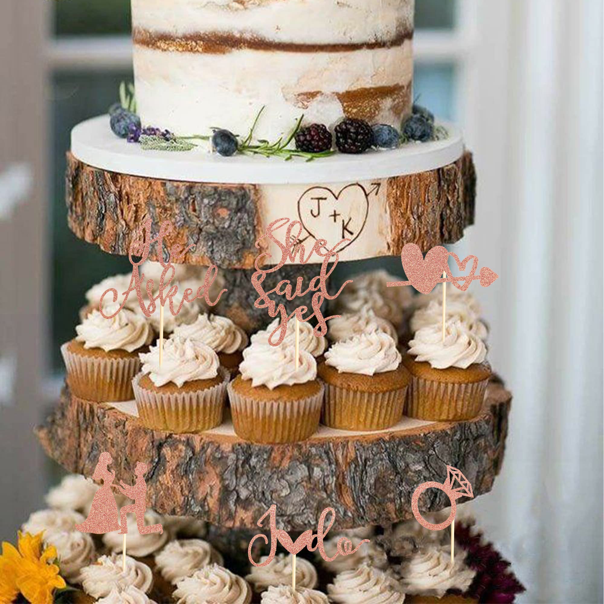 24 Décorations Cupcakes "He Asked She Said Yes" - Motifs Bague Diamant, Cœur - Pour Fiançailles, Mariage - 11