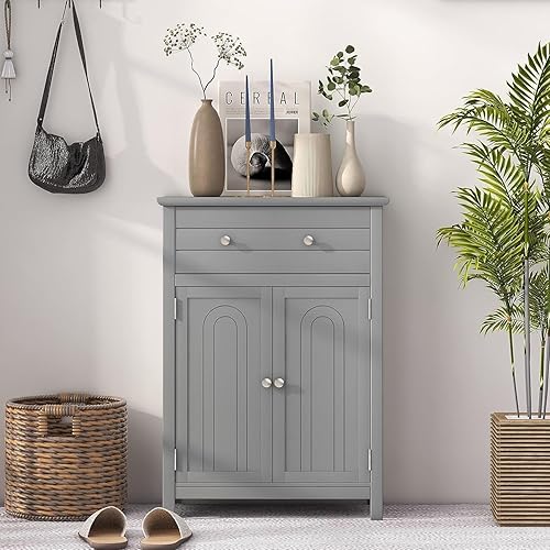 Miniatura 16 de GOFLAME Gabinete de almacenamiento de madera para baño, moderno armario organizador de baño con estante ajustable de 3 alturas, cajón y estante de 2