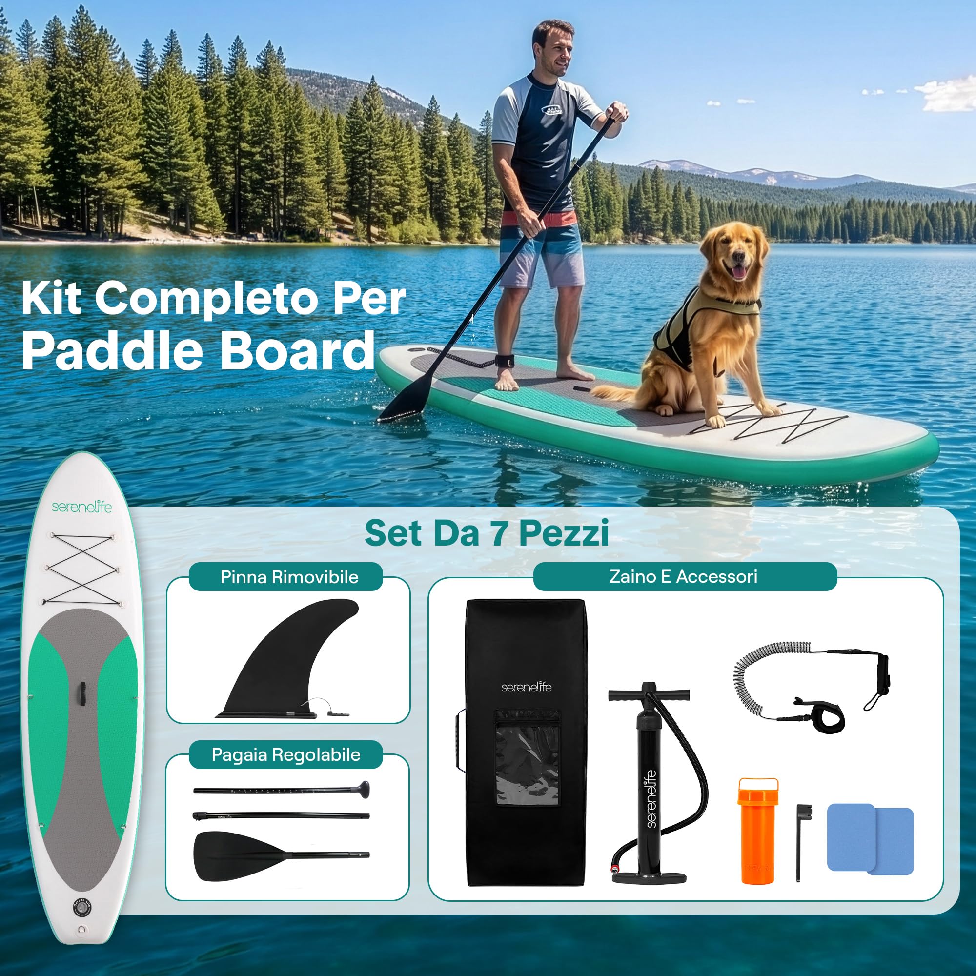 SereneLife SUP Gonfiabile, Tavola SUP, Stand Up Paddle Board, Design Largo e Stabile con Deck EVA Antiscivolo, Accessori Premium Inclusi, per Adulti, Giovani e Principianti