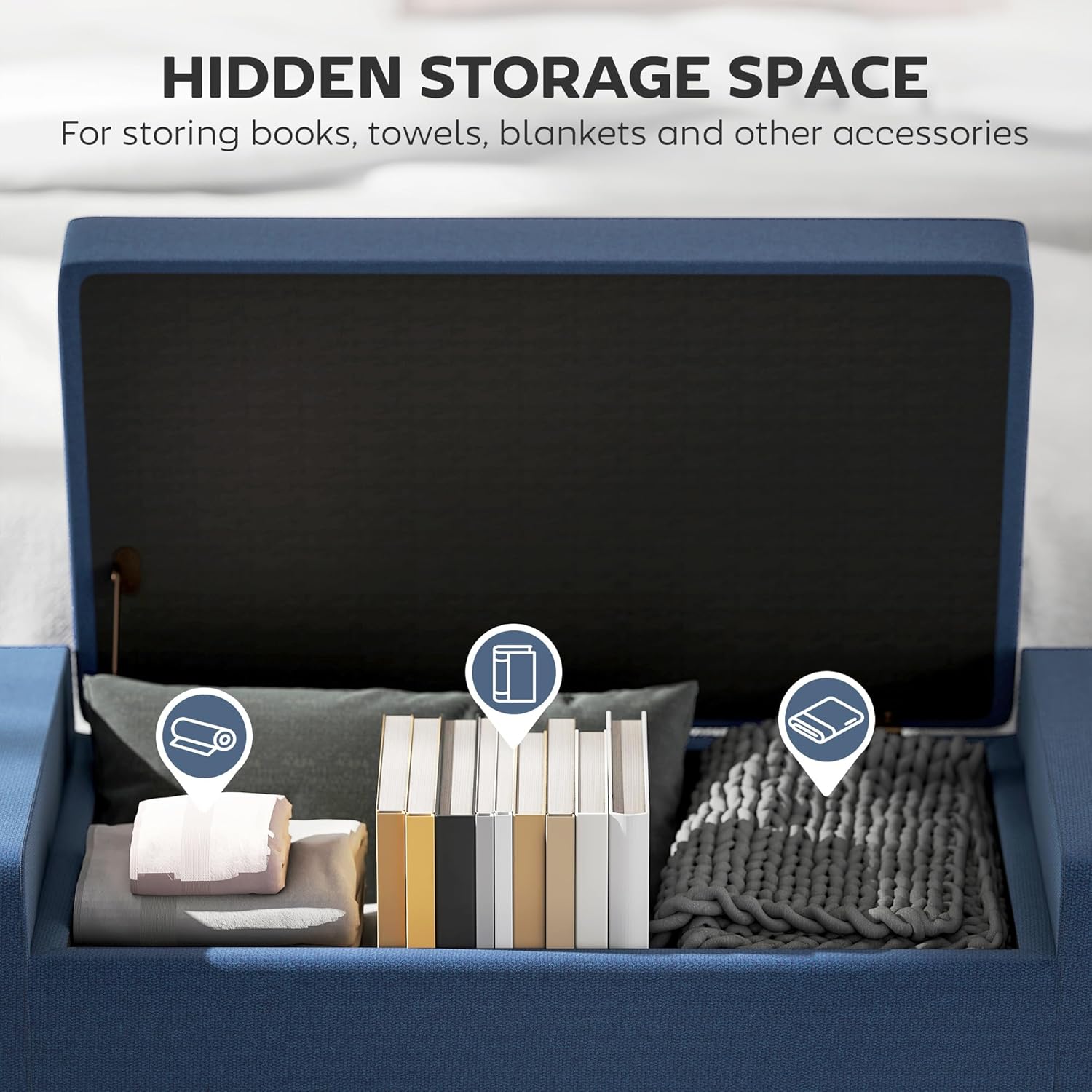 HOMCOM 36" Ottoman with Storage, Storage Ottoman Bench with Lift Top and Rubberwood Legs, Linen Upholstered Entryway Bench with Seating for Living Room, Bedroom, Holds up to 330 lb, Dark Blue