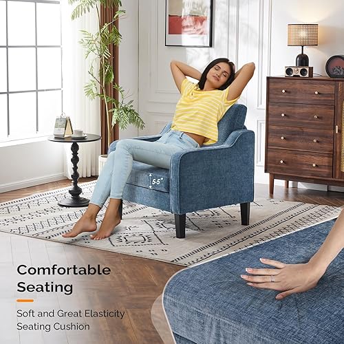 Miniatura 4 de VINGLI Silla decorativa moderna de mediados de siglo, sillas de felpilla azul marino para sala de estar, sillón tapizado con brazos redondeados para