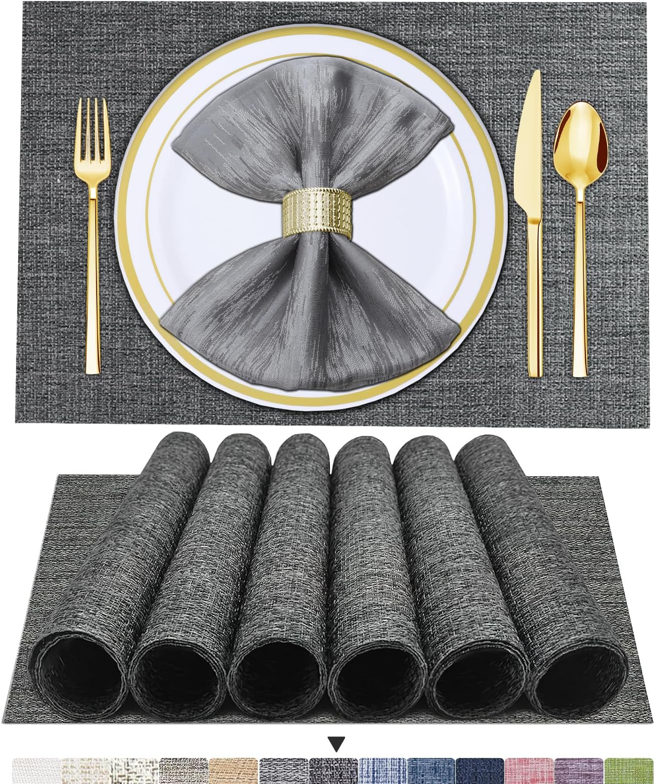 BETEAM Placemats, Heat-Resistant Placemats Stain Resistant Anti-Skid Washable PVC Table Mats Woven Vinyl Placemats, Set of 6 (Dark Grey)