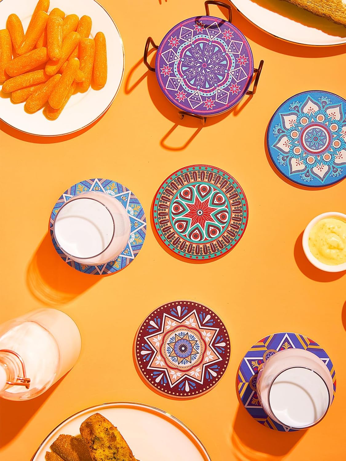 LIFVER 8 Packs Absorbent Drink Coaster Sets, Mandala Style Ceramic Coasters with Holder, 4 Inches Coasters for Drinks with Cork Base, Great Colorful Decor, Ideal Thanksgiving and Housewarming Gifts