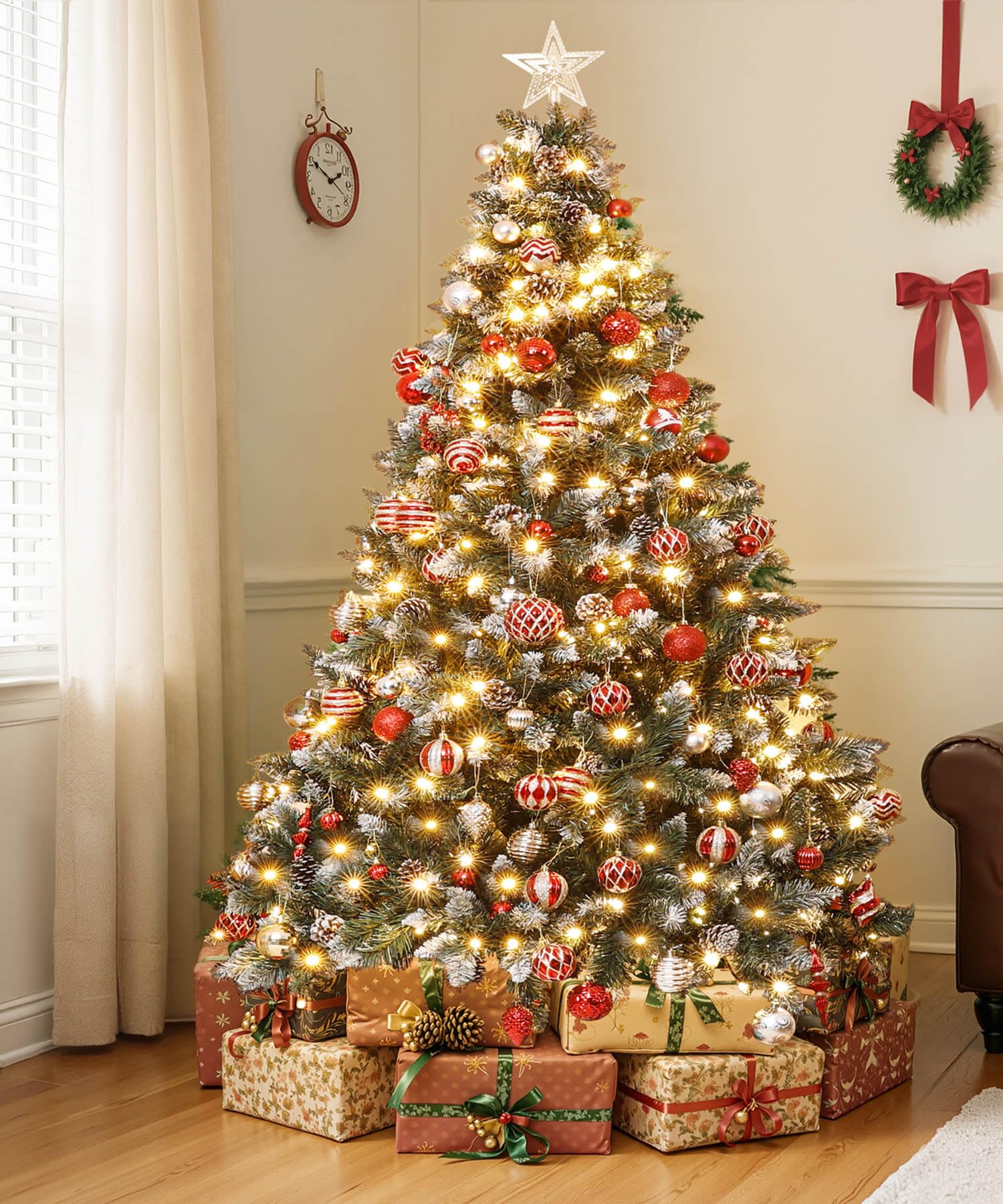 Yorbay Árbol de Navidad Artificial con Luces Led de Color Blanco cálido y Blanco Nevado Grande (150 cm 240LED)