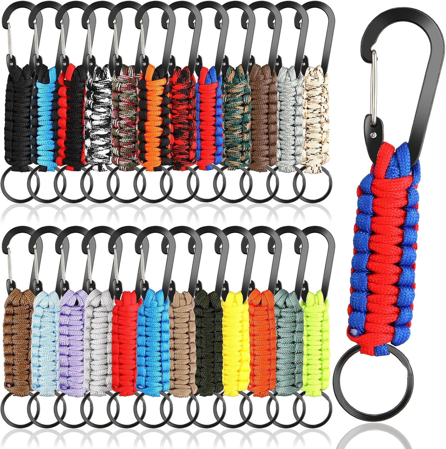 Uiifan 24 Pcs Paracord Keychain Key Lanyard Military Braided Keychain Clip with Strap for Keys Heavy Duty Hook Holder Survival Tools for Men Women Water Bottle Backpack Tools
