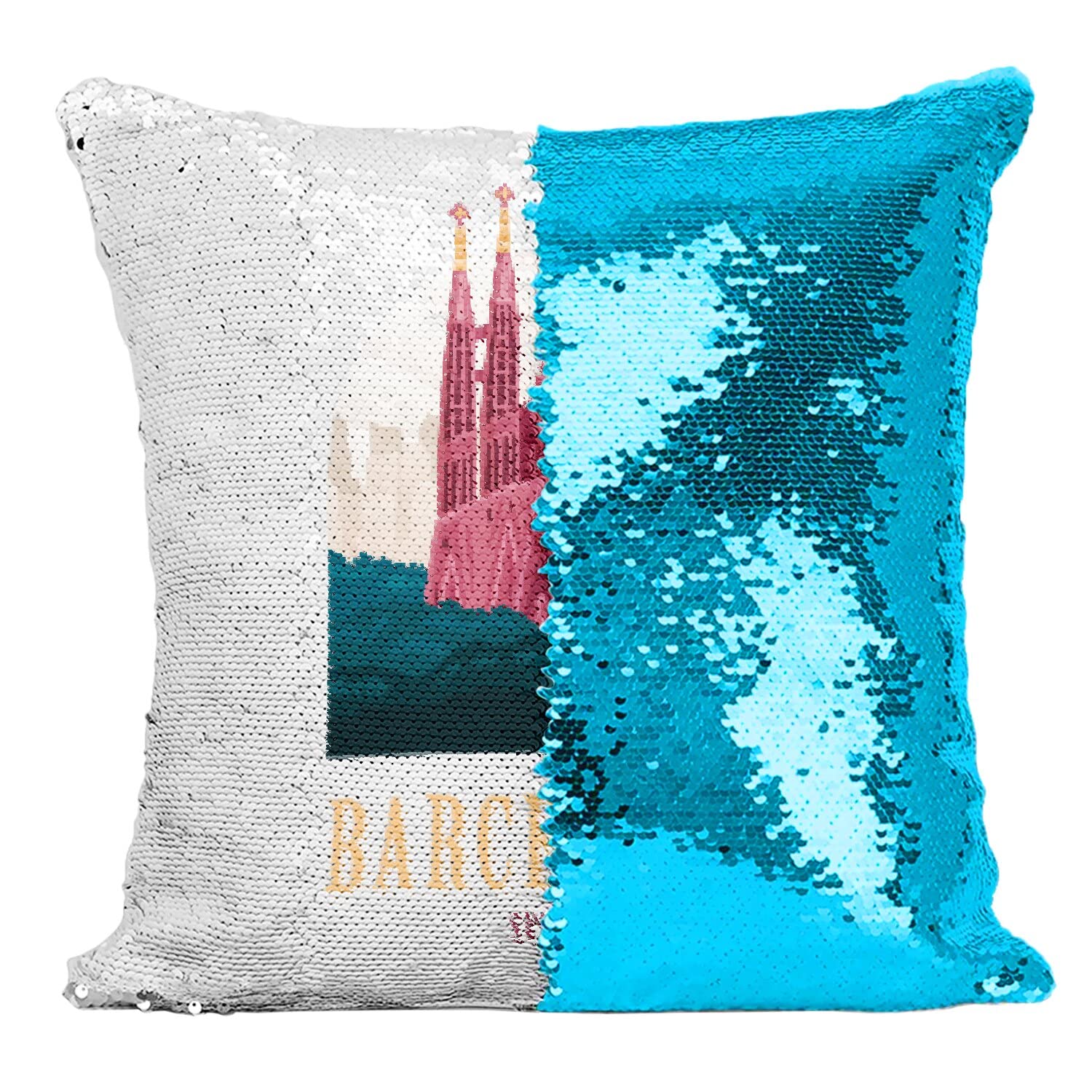 Coussin sequin Sagrada Familia Barcelone turquoise pour décoration salon