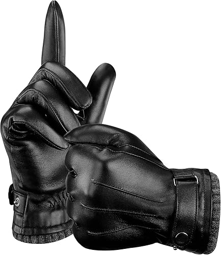 Aegend Guantes de cuero para hombre, forro suave y cálido de mano completa, pantalla táctil de mano completa, regalo de invierno térmico negro