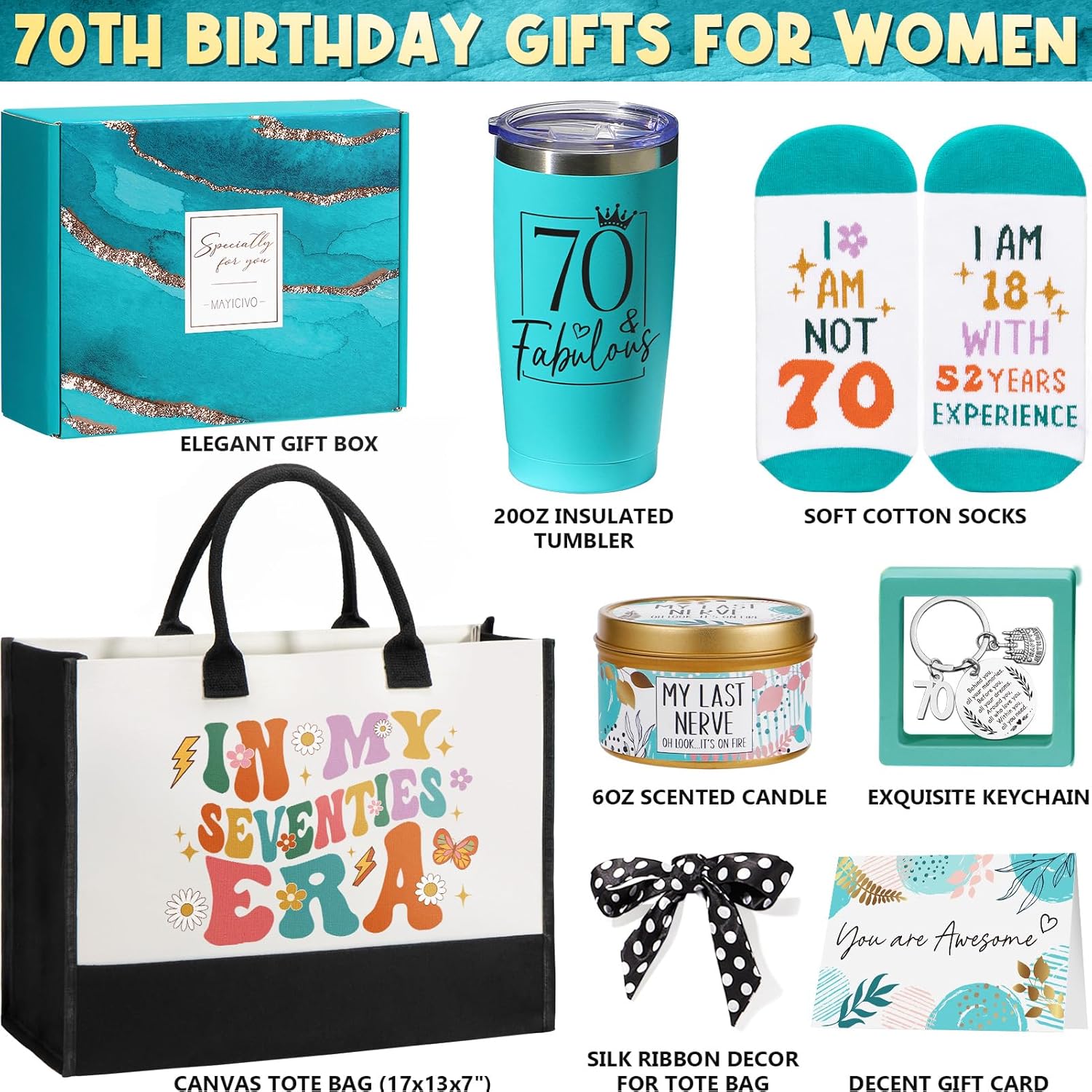 70th Birthday Gifts for Women, Unique 1956 Birthday Gifts for 70 Year Old Women Birthday Gifts Basket, Fabulous 70th Happy Birthday Gift Idea for Mom Lady Sister Friend Wife Grandma w/Canvas Tote Bag - Image 2