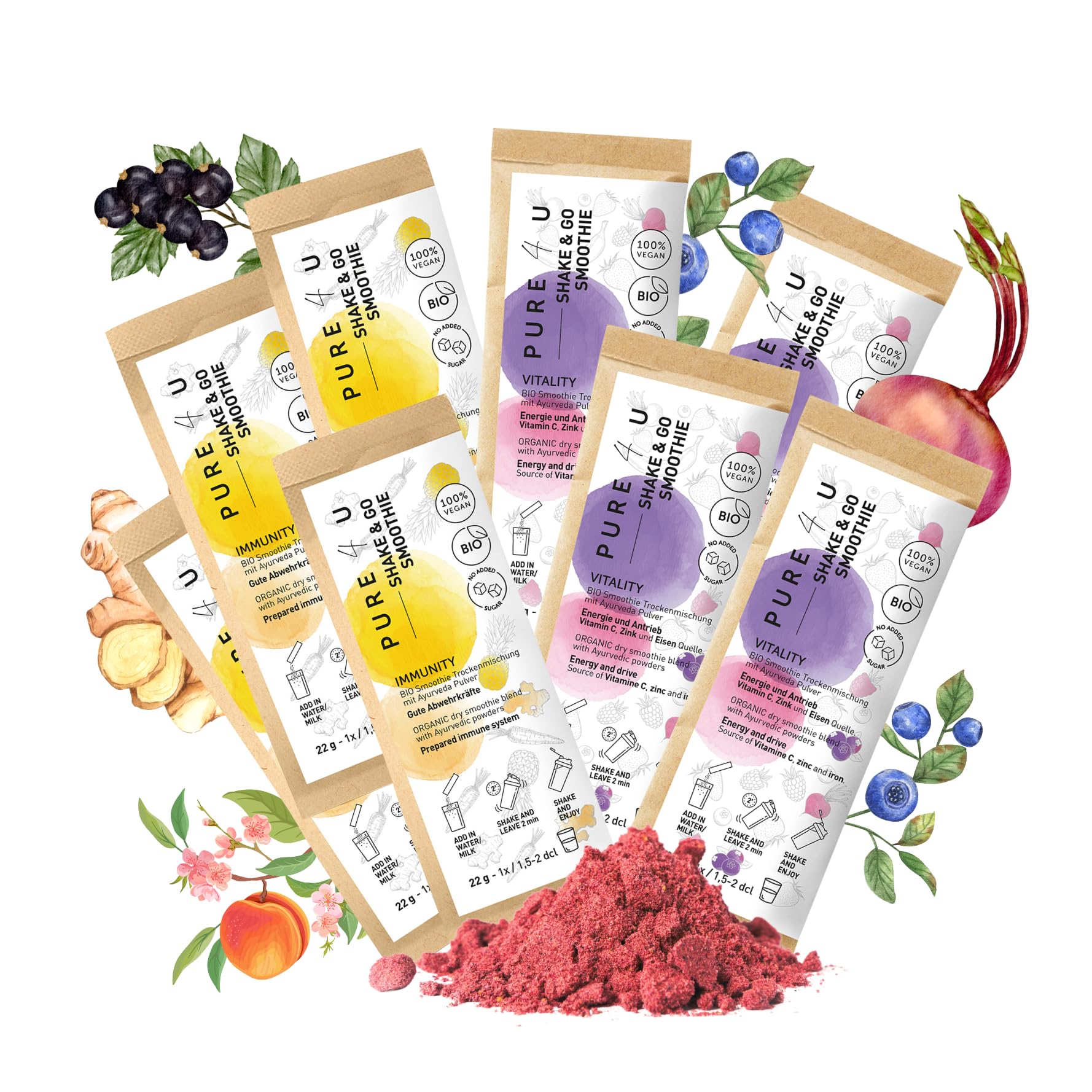 PURE4U BIO Immuno Vital Paket (4x Immunity, 4x Vitality) | 8x To Go Smoothie Shake Pulver | mit pflanzlichen Proteinen und Ayurveda | Ohne Zuckerzusatz | Leichte Zubereitung ohne Mixer