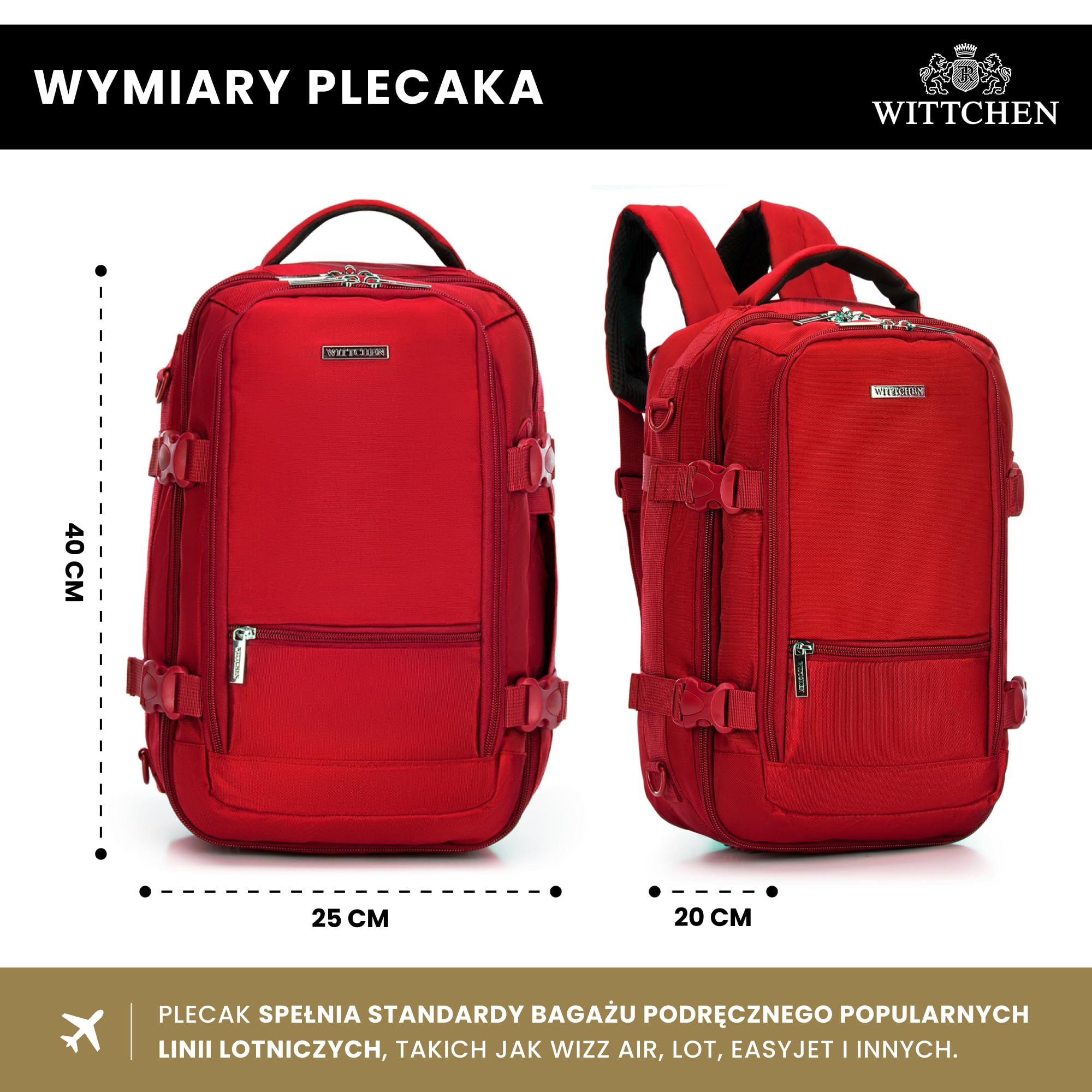 WITTCHEN Poszerzany plecak do samolotu | Plecak podręczny 32 l | Wodoodporny plecak na laptopa 17 cali | Plecak podróżny w rozmiarze kabinowym | 47 × 32 × 14–18 cm