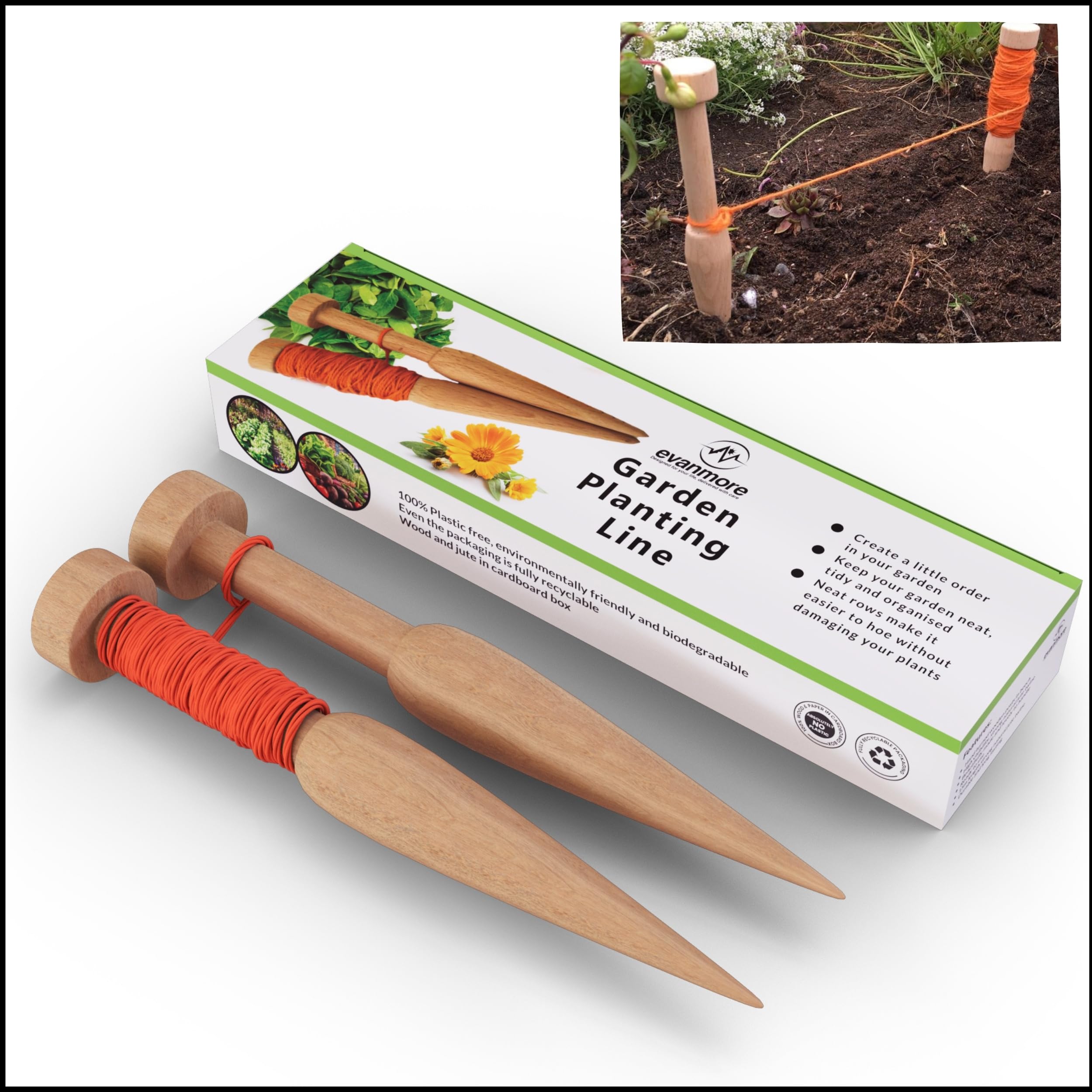 Ligne de plantation de jardin en bois de 15 m - Pour jardinage - Lignes de plantes - Ficelle - Piquets - Coffret cadeau