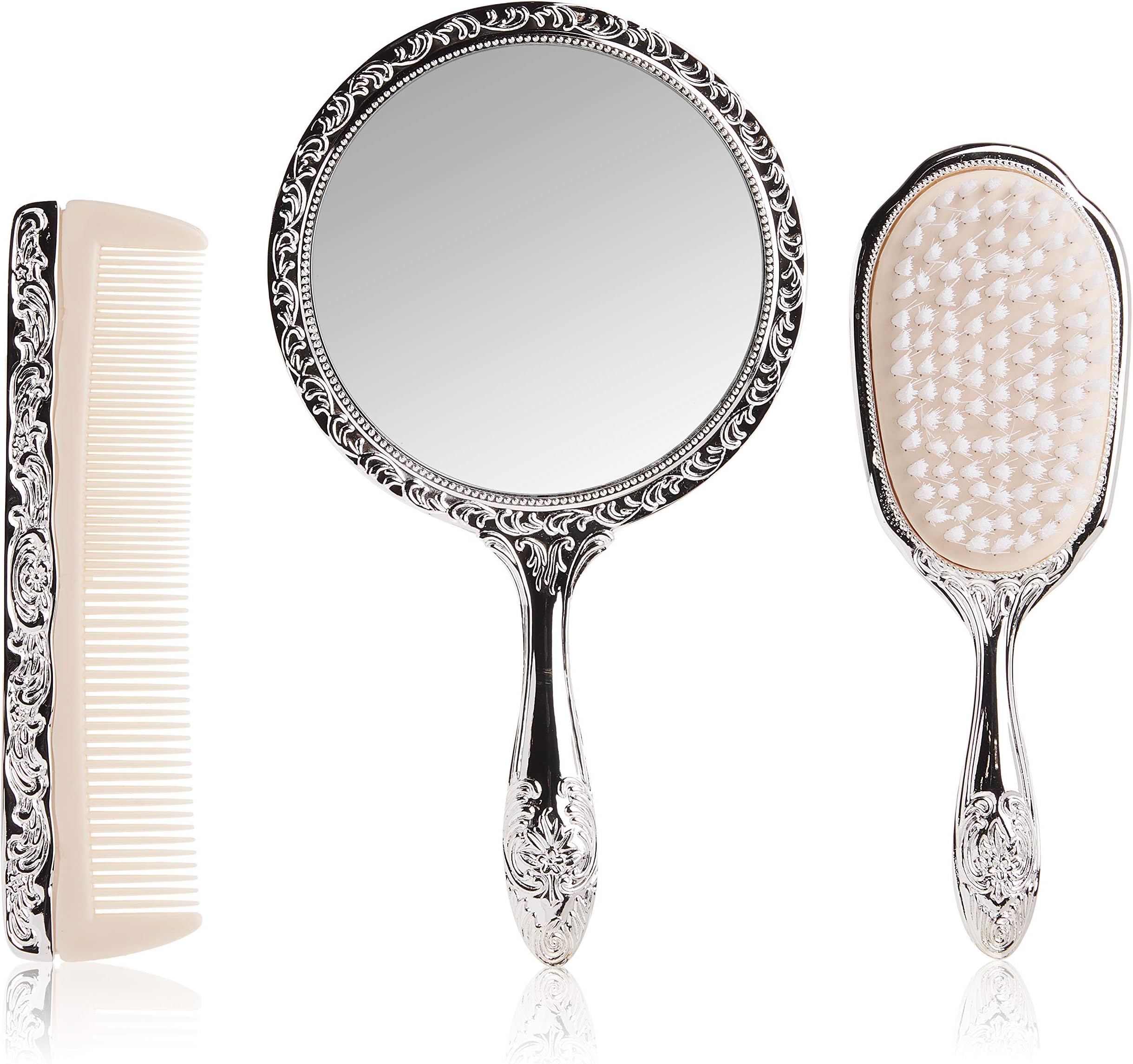 Kingsley 3 pc Silver Chrome Girls Vanity Set (Brush, Comb, Mirror) - Dresser Mount - Vanity Set - Medium (each piece 7-9 inches, mirror 5 inches diameter)