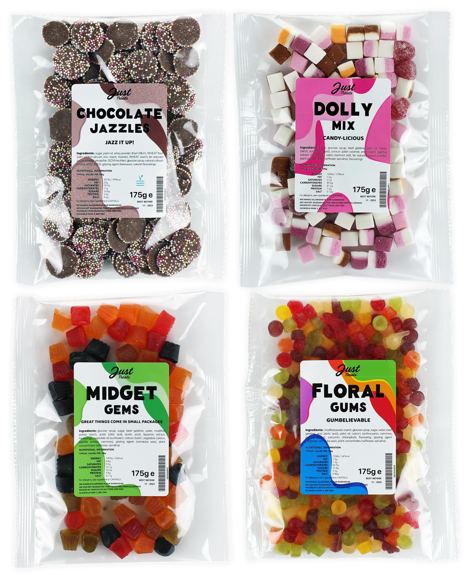 Just Treats Sweet Quartet - Lion Midget Gems, Squirrel Floral Gums, Choc Jazzles, Dolly Mixture (4 x 175g Bags) - 5,7,20,26