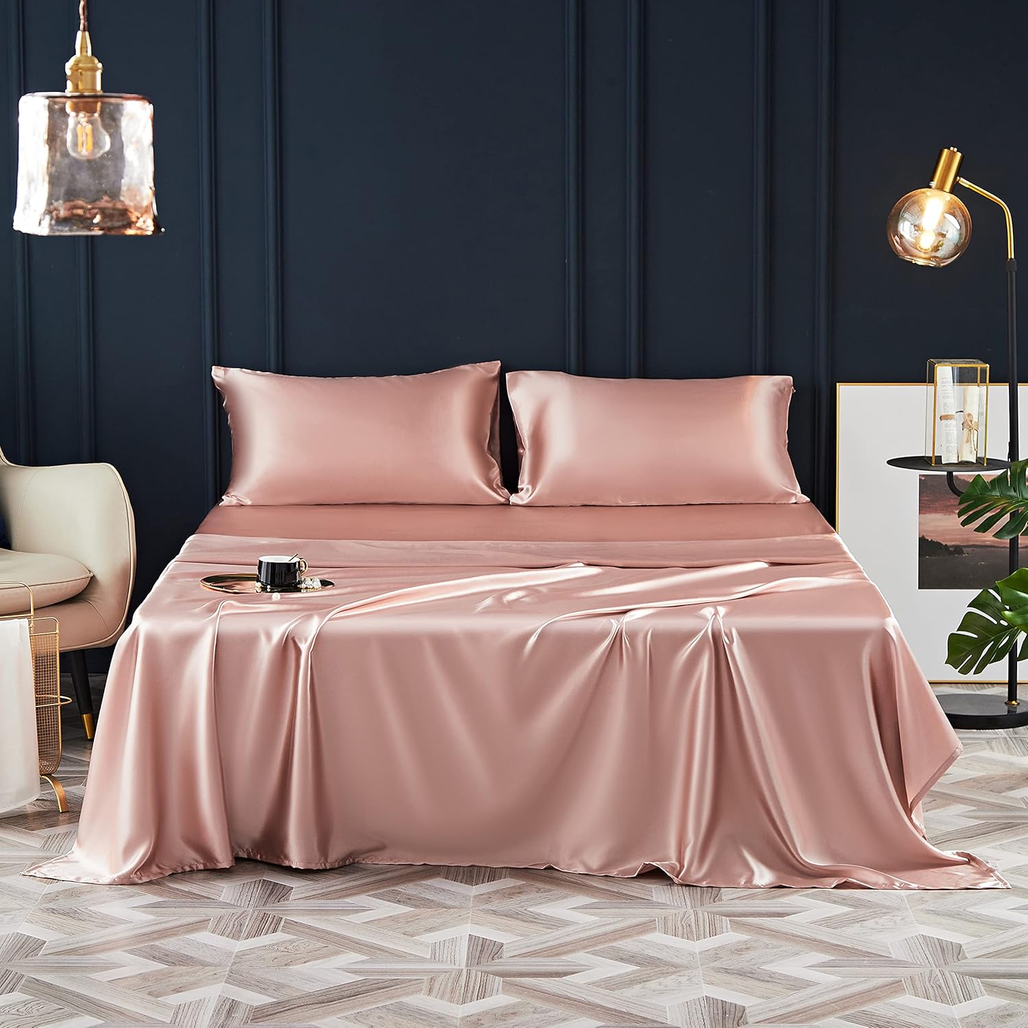 Koreyoshi 4 Pcs Satin Sheets Queen - Silk Silky Super Soft Extra deep Pocket Queen Sheet Sets - Wrinkle & Fade Free - Deep Pocket Fitted Sheet, Flat Sheet, Pillow Cases (King, Pink Champagne) : Home & Kitchen