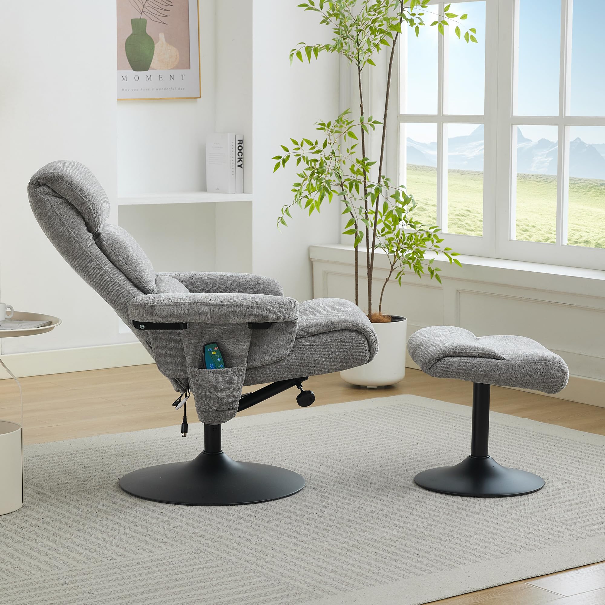 Sillón de relax reclinable con masaje de 5 puntos, sillón y taburete giratorio 360°, tela de chenilla gris