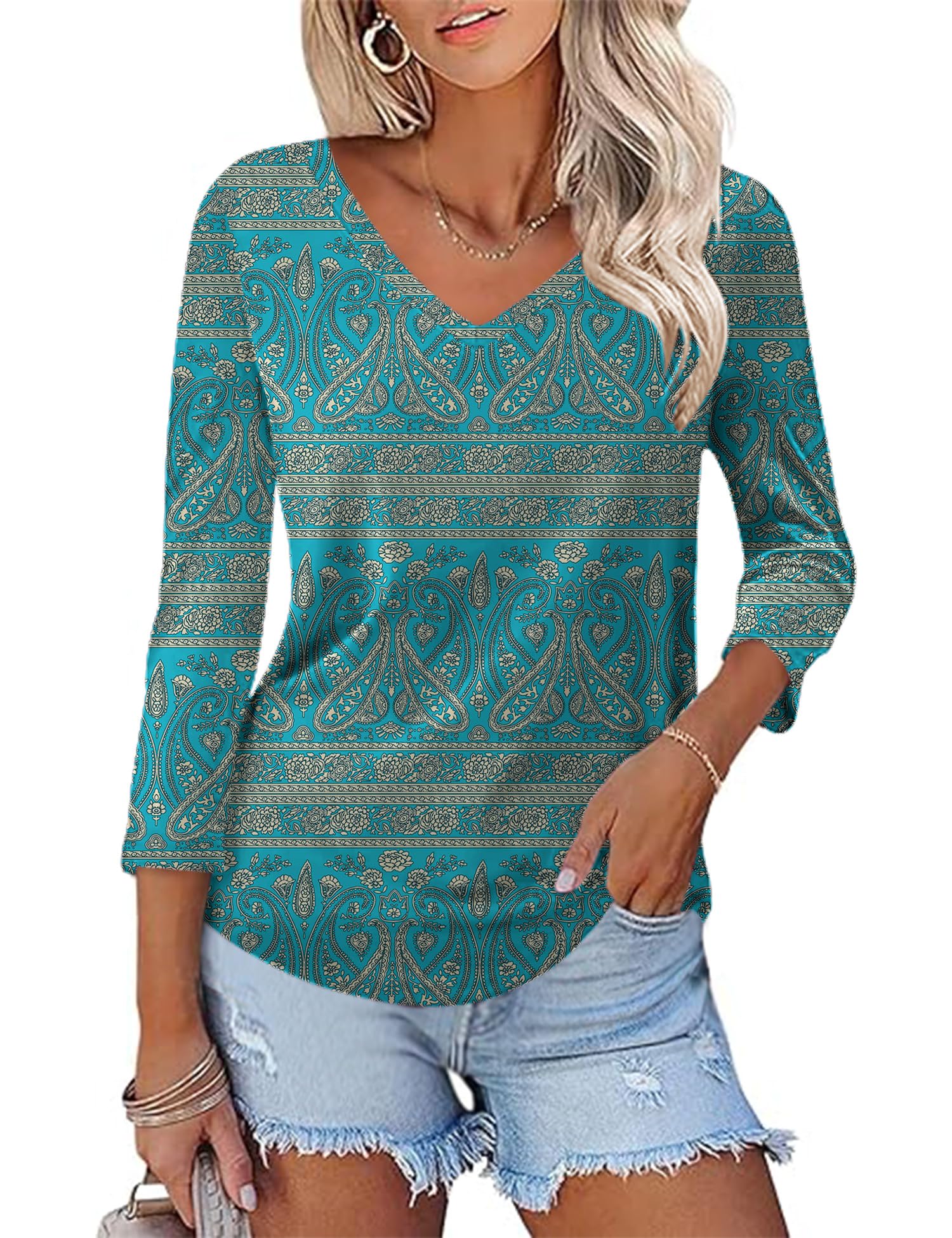 Rapbin Bluse Damen 3/4 Ärmel Langerm V-Ausschnitt Elegant Oberteile Locker Tops Sommer 2026 Tunika Lässig Blusen