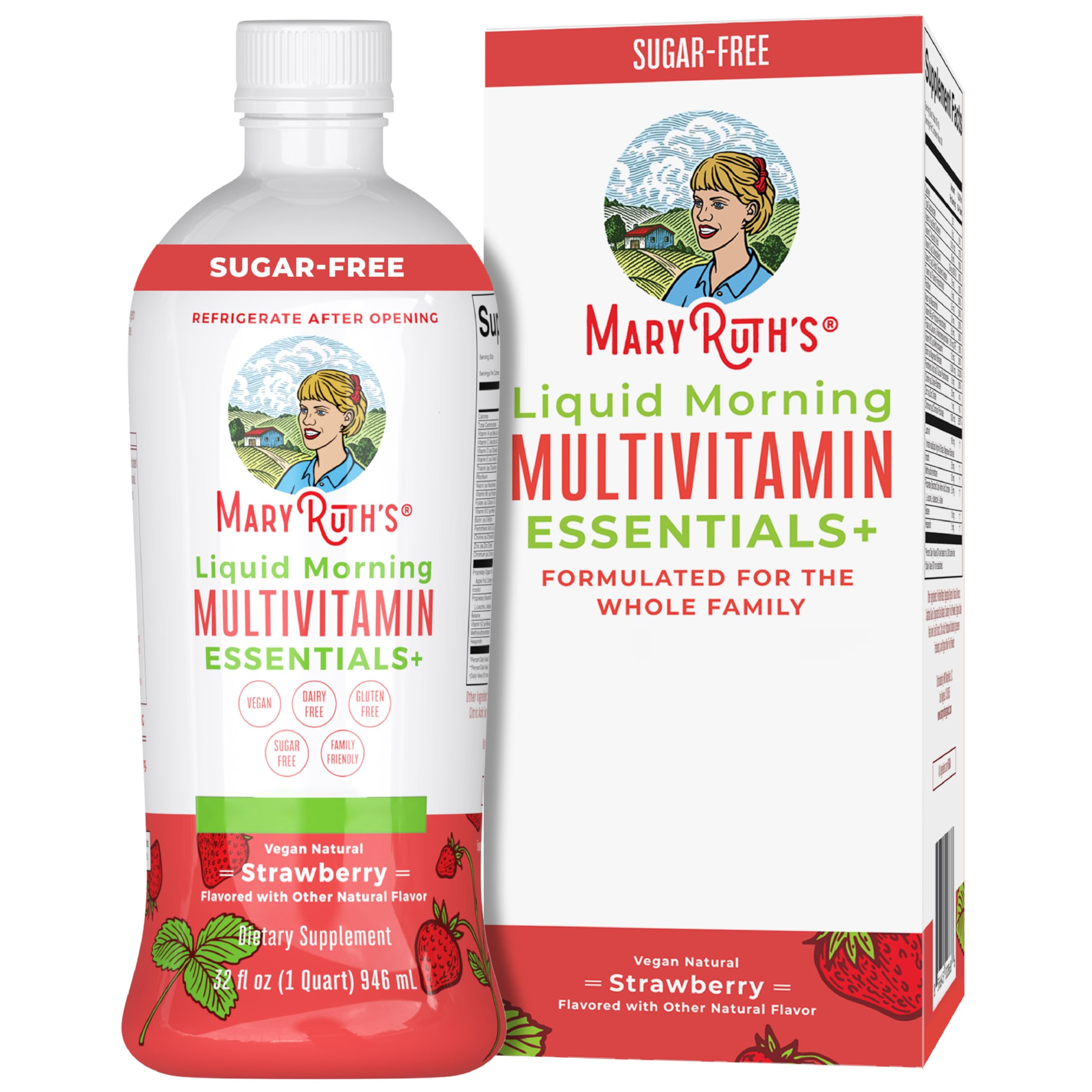 MaryRuth Organics, Multivitamínico Líquido Matutino Essentials+, Vitaminas y Minerales Esenciales, Sin Azúcar, Sabor Fresa, 946 ml, Vegano, Sin Gluten