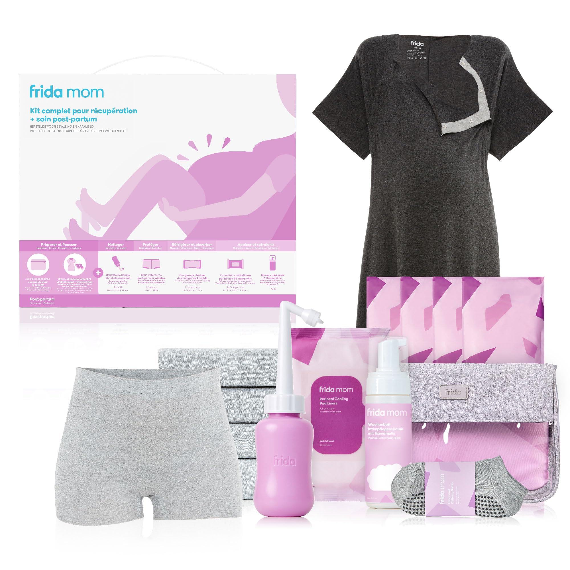 Frida Mom Kit Complet 3 Phases travail-accouchement-post-partum, cadeau baby shower avec chaussettes, bouteille périnéale, chemise, serviettes froides, protège-slips, mousse, 15 pièces