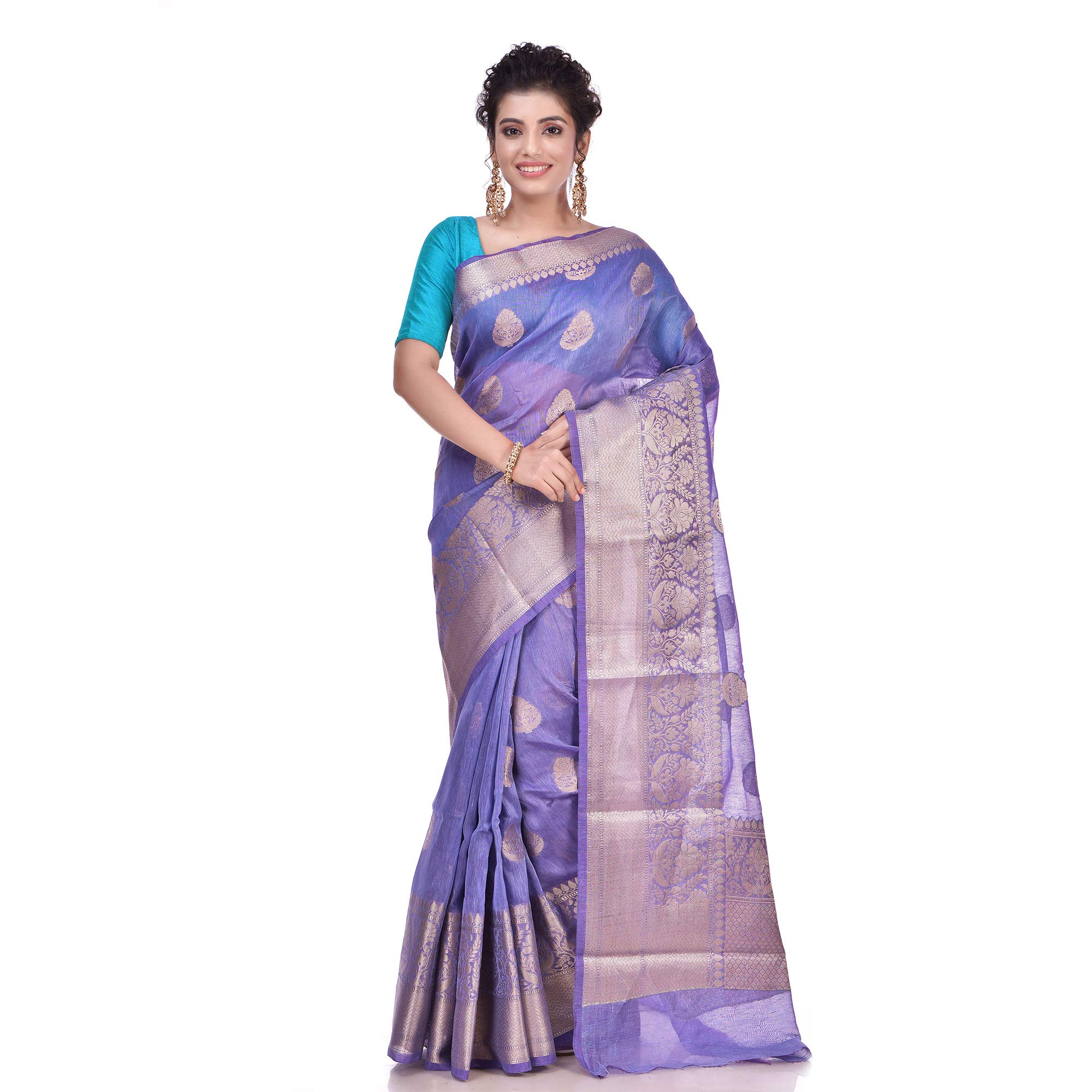 NaveeraWomen's Handloom Pure Linen Banarasi Saree With Unstitched Blouse Piece