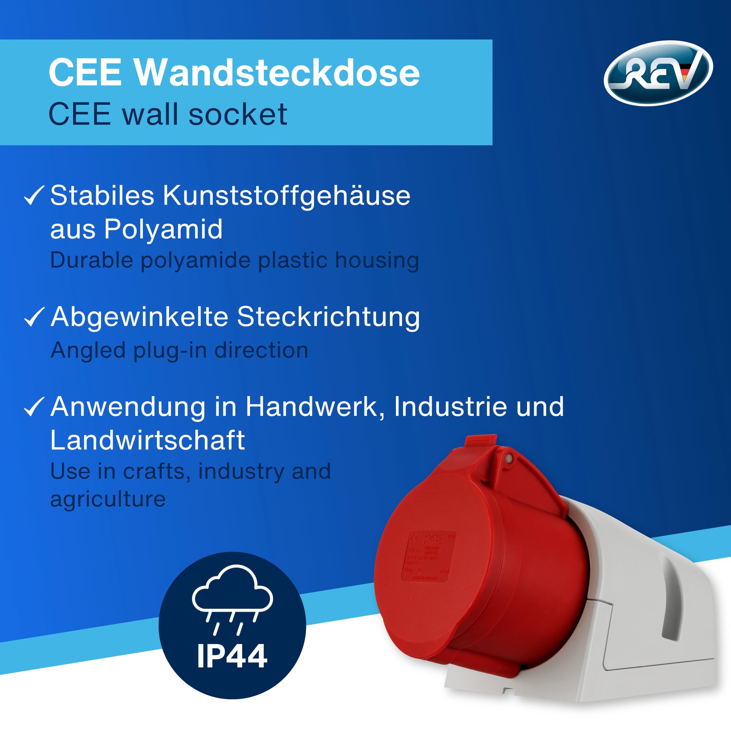REV CEE gniazdko elektryczne, 400 V AC, 32 A, 5-biegunowe, 3Ph + N + PE, IP44, czerwone