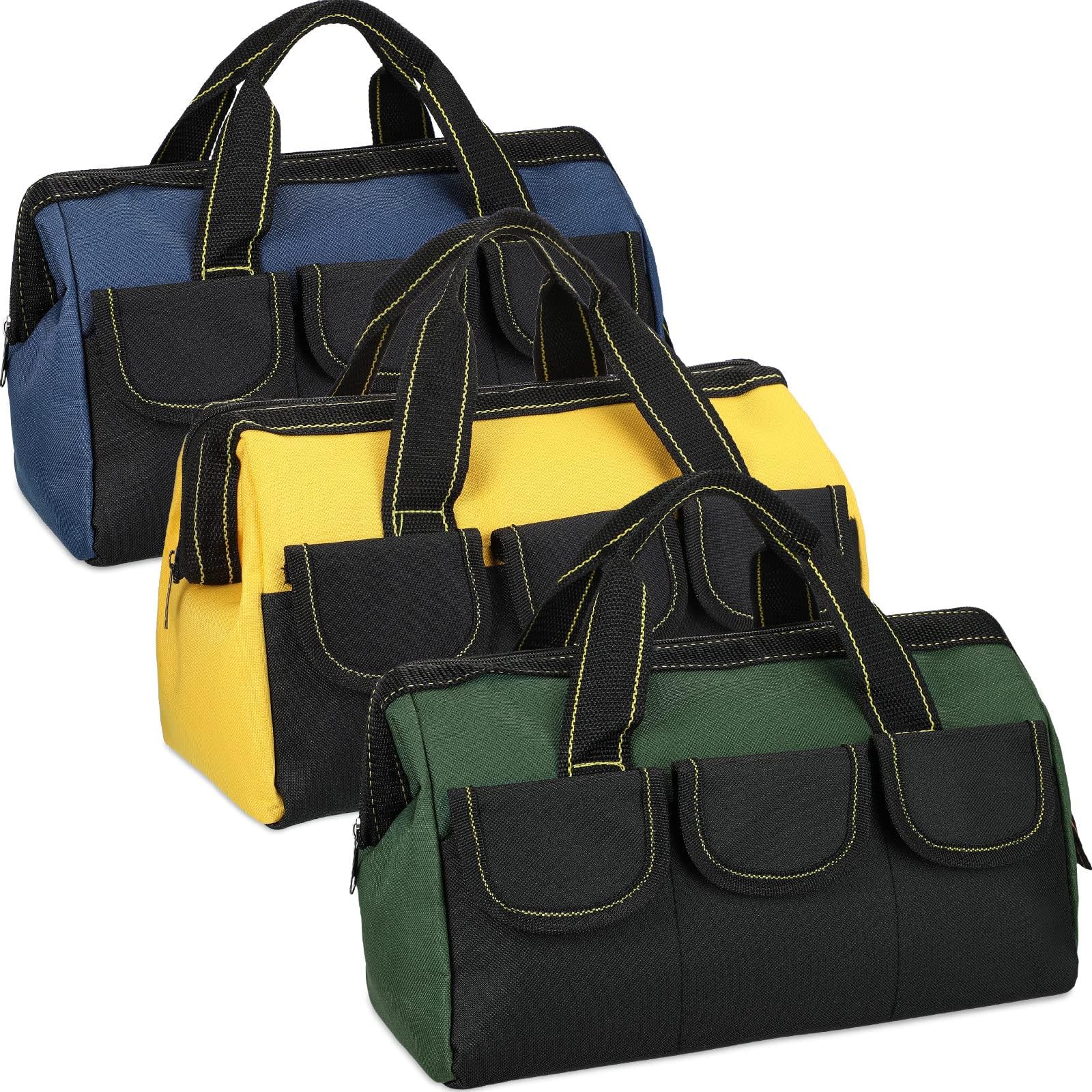 3 Pack Tool Bag with Waterproof Hard Bottom, Tool Bags for Men Heavy Duty Tool Bag Organizer Wide Mouth Tool Tote for Various Tools, Electrician Carpenter Mechanic (Blue, Green, Yellow, 16 Inch)