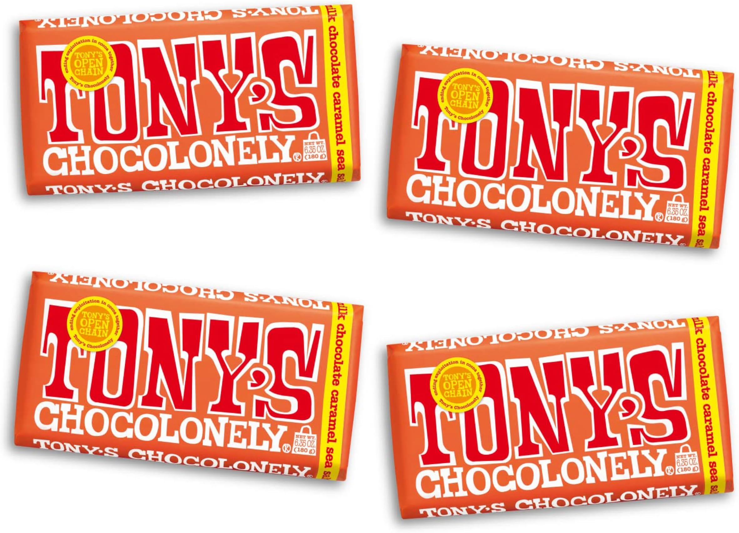 Tony’s Chocolonely Belgian Milk Chocolate Candy Bar With Caramel & Sea Salt, Chocolate Bars for Snacks, Party Favors, or Gifts, 32% Cacao, Made From Quality Fairtrade Cocoa, 4 Bars, 6.35 Oz Each