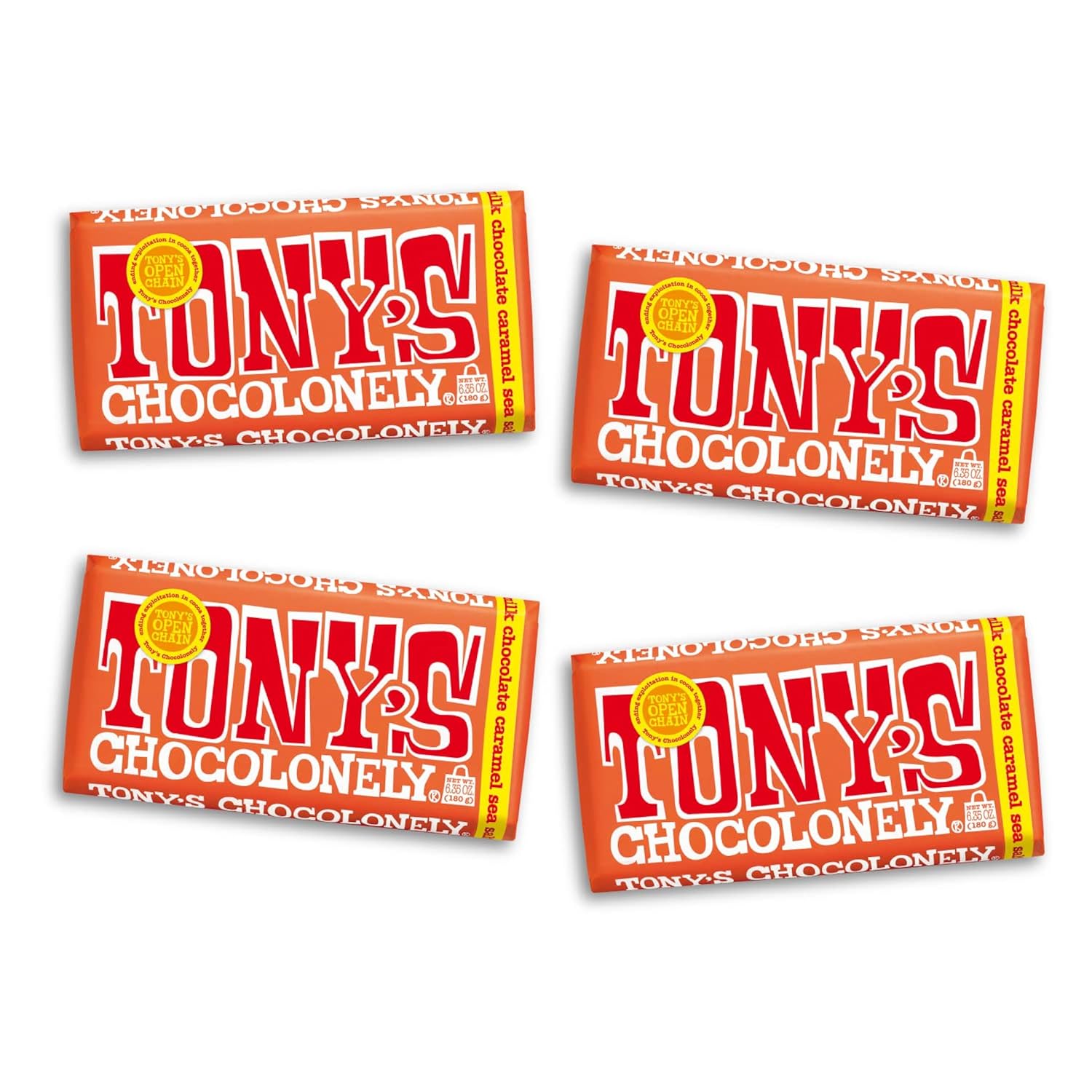 Tony's Chocolonely Chocolate con Leche, Caramelo y Sal Marina, 4 Barras